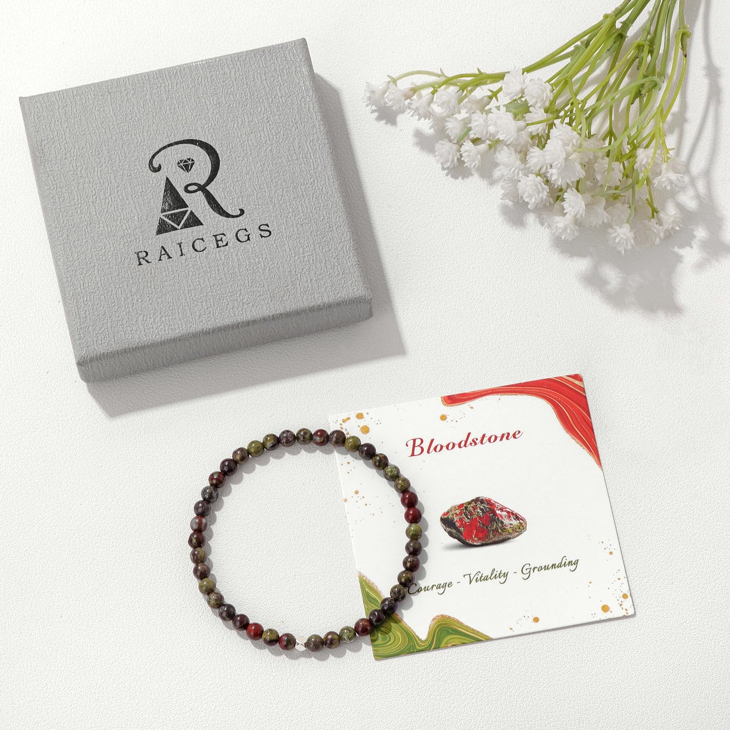 Raicegs 4MM Bloodstone Beaded Bracelets Healing Crystal Bracelet for Women Men Natural Stone Handmade Stretch Bracelet Reiki Spiritual Jewelry
