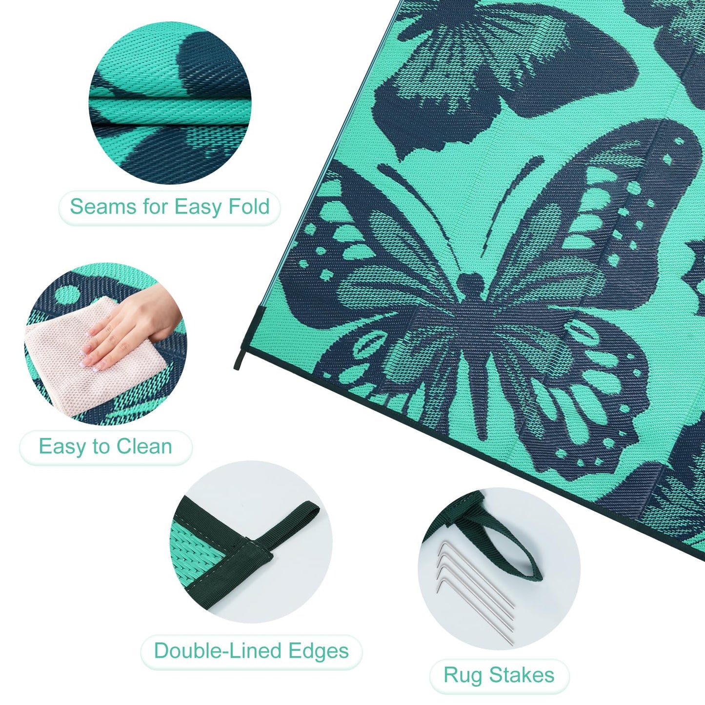 Uphome Outdoor Rug Waterproof 6x9 ft, Patio Plastic Straw Rugs for RV Camping, Reversible Butterfly Mat Outside, Indoor Outdoor Floor Carpet for Back Yard Deck Balcony Porch Beach Picnic, Teal