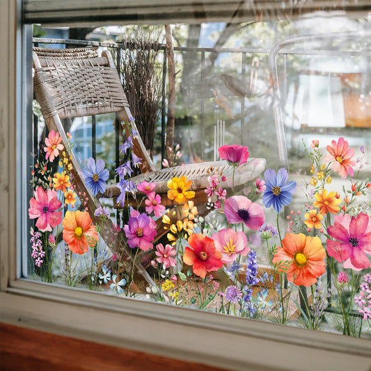 2 Sets Flower Window Clings, Colorful Floral Bouquet Window Sticker, Wildflower Grass Windows Decals, Lily Peony Poppy Floral Stickers for Bedroom Living Room TV Office Decor Home Decoration