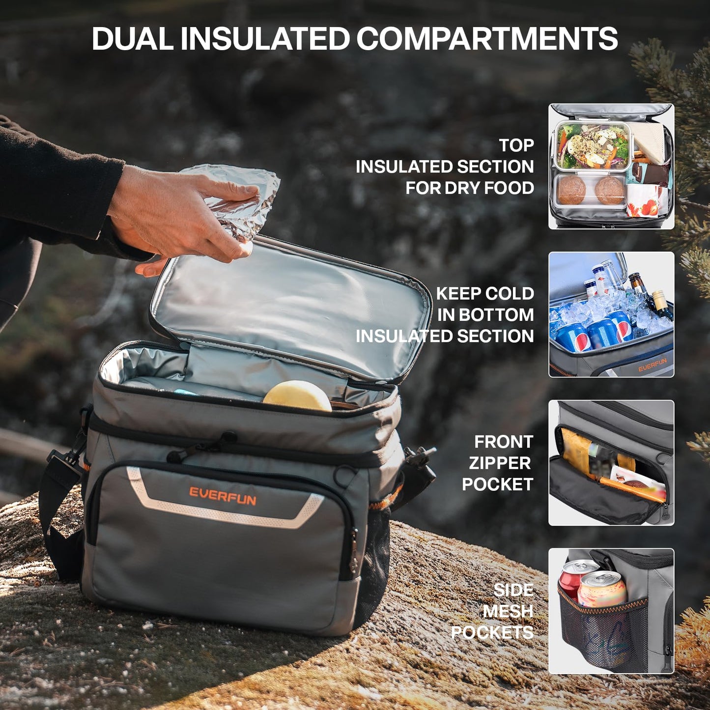 EVERFUN Small Cooler Bag 24 Can Insulated Lunch Box Double Deck Soft Leak-Proof Waterproof Collapsible Ice Chest for Men Women Work Travel Car Trip Picnic Beach, Gray