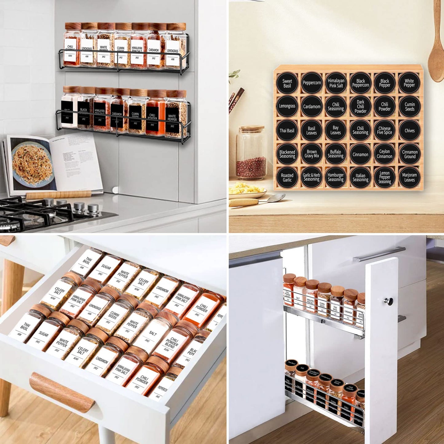 Churboro 36 Glass Spice Jars with 547 Labels with Shaker Lids - 4 Oz Square Spice Containers with Acacia Wood Lids, Chalk Pen, Funnel Seasoning Jars for Spice Rack, Cabinet, or Drawer