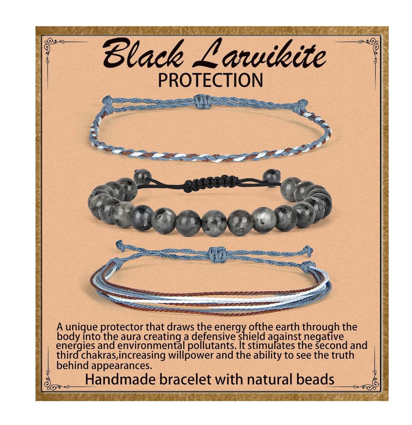 QOGIR Handmade Healing Bracelet,8mm Natural Black Larvikite Gem Stone Beads Bracelet,for Men Women Gifts with 2PCS Size Adjustable Rope Bracelets