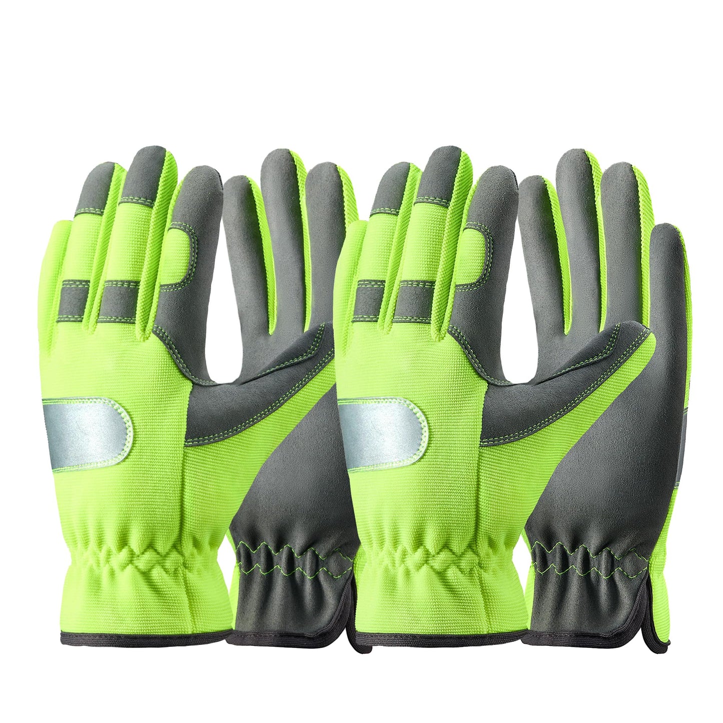 COOLJOB Hi-vis Reflective Safety Work Garden Gloves for Men Women, Faux Leather Utility Mechanic Gloves with Grip, 2 Pairs, Medium, Yellow