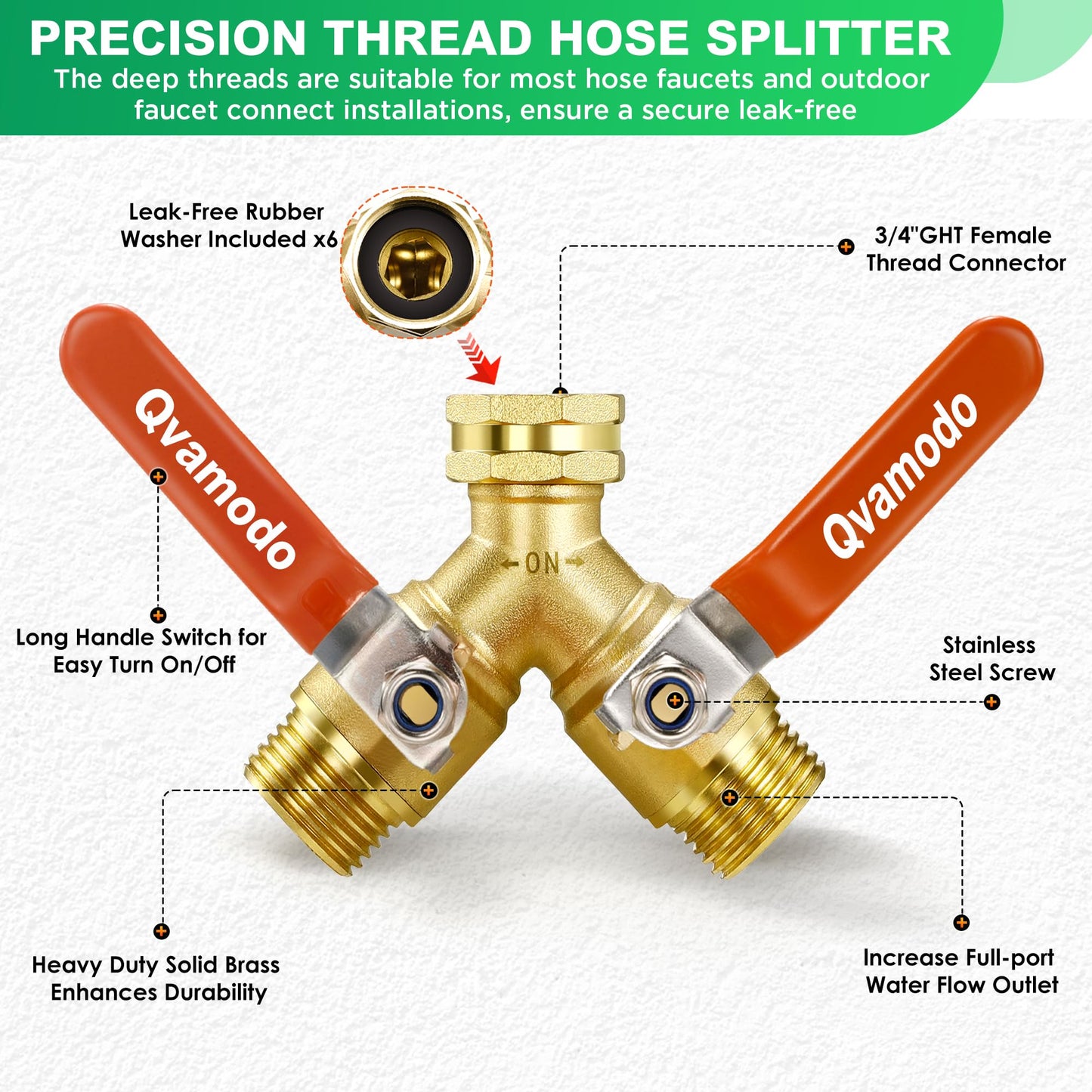 Hose Splitter 2 Way Heavy Duty Garden Hose Y Splitter with Shutoff, Garden Hose Splitter with 304 Stainless Steel Long Handle Outdoor Full Flow Y Valve 3/4 Inch GHT Thread Y Connector for Garden Hose