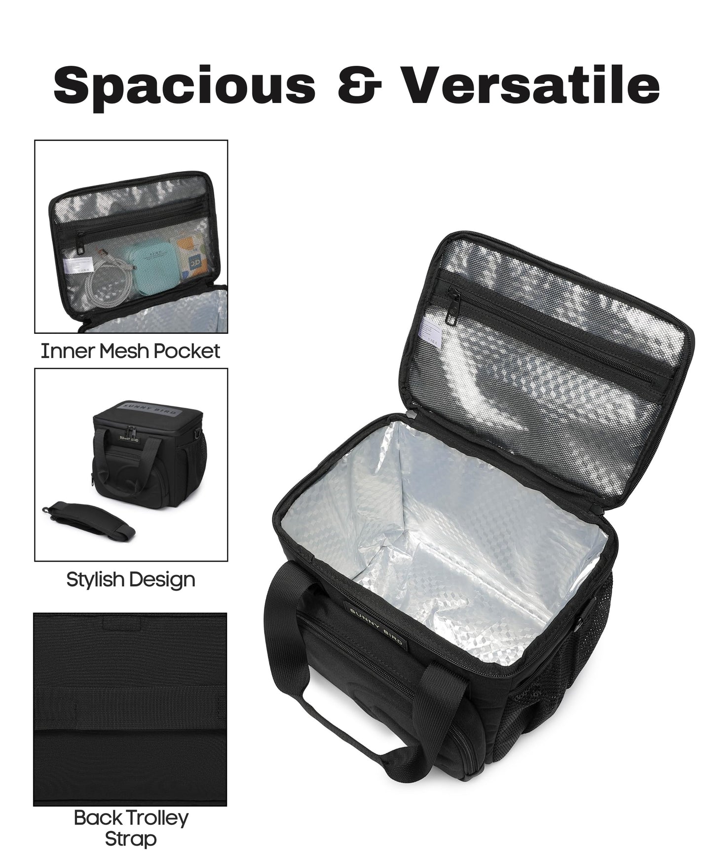 SUNNY BIRD 12L Large Insulated Lunch Bag, Leakproof and Foldable Lunch Cooler Box for Women Adult and Men, Fits 18 Cans (Black 01)