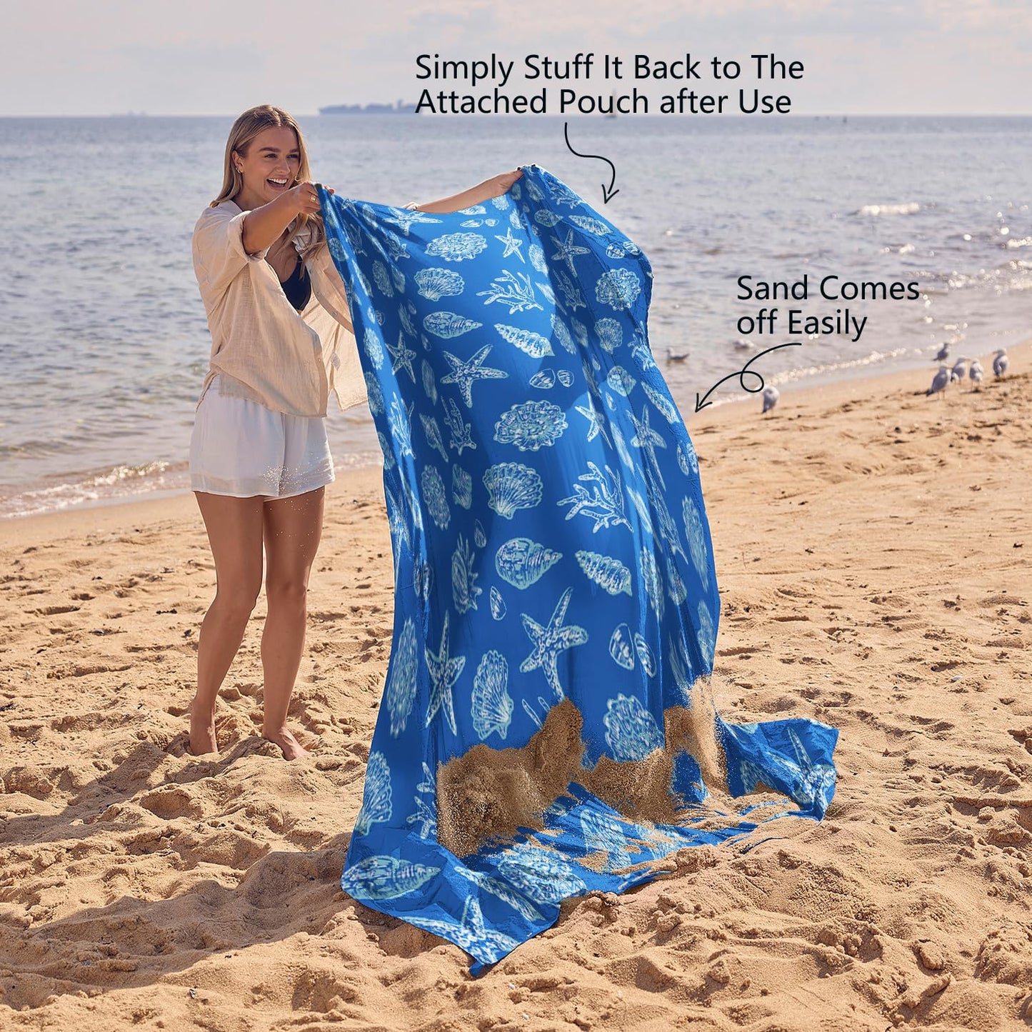 WEKAPO Beach Blanket Waterproof Sandproof Oversized, Extra Large Beach Mat Sand Free, Lightweight & Compact Sand Free Mat with 6 Stakes & 4 Corner Pockets (Blue Sea Shells, 8 x 7 FT (1～4 Person))