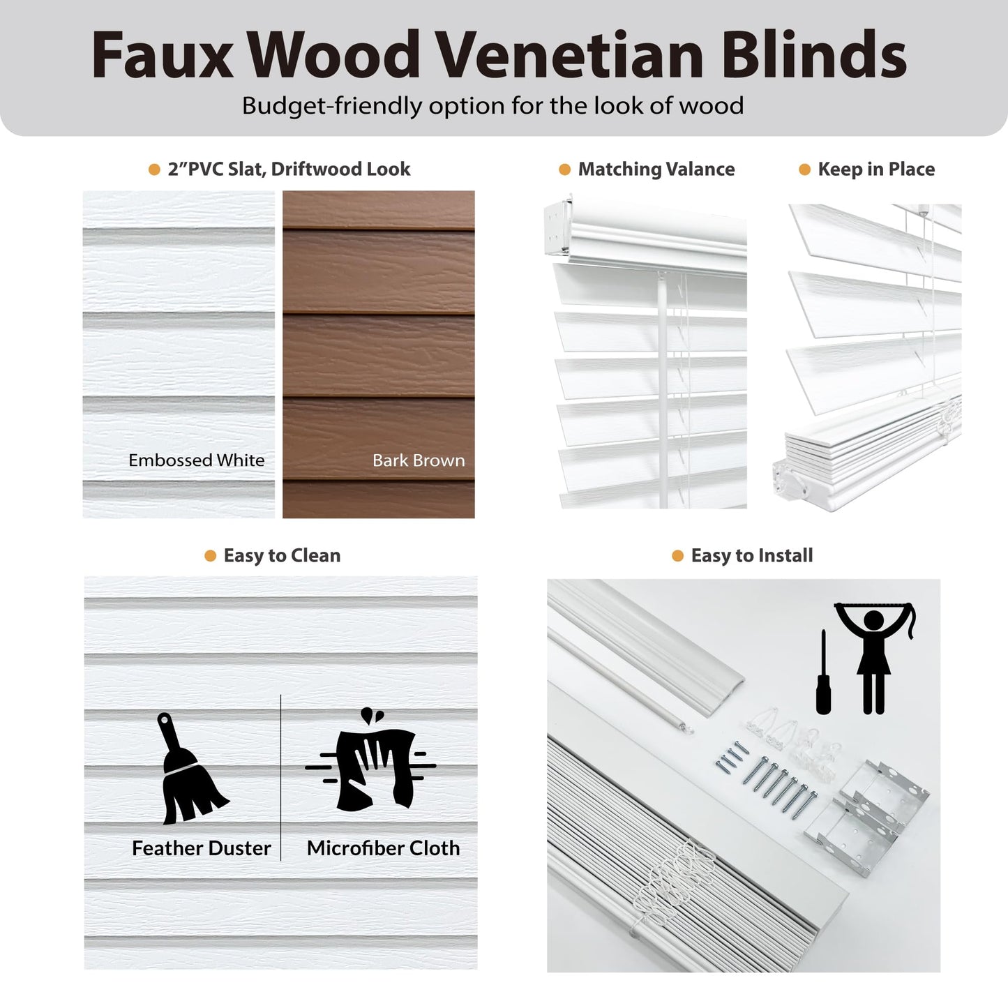 DEZ FURNISHINGS Cordless 2" Signature Faux Wood Blind, 30" W x 48" H, Embossed White
