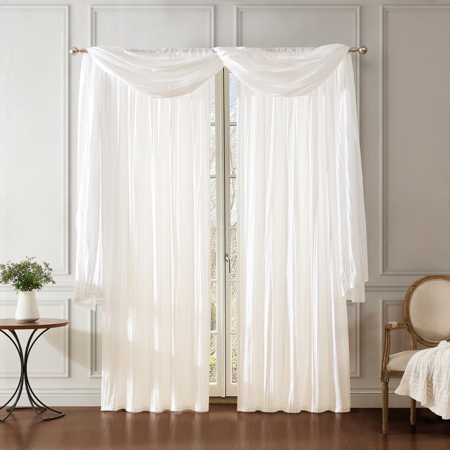 Elrene Home Fashions Athena Faux Crushed-Silk Window Curtain Panel and Valance Set, 52"x95" (2 Panels) & 1 Valance, White