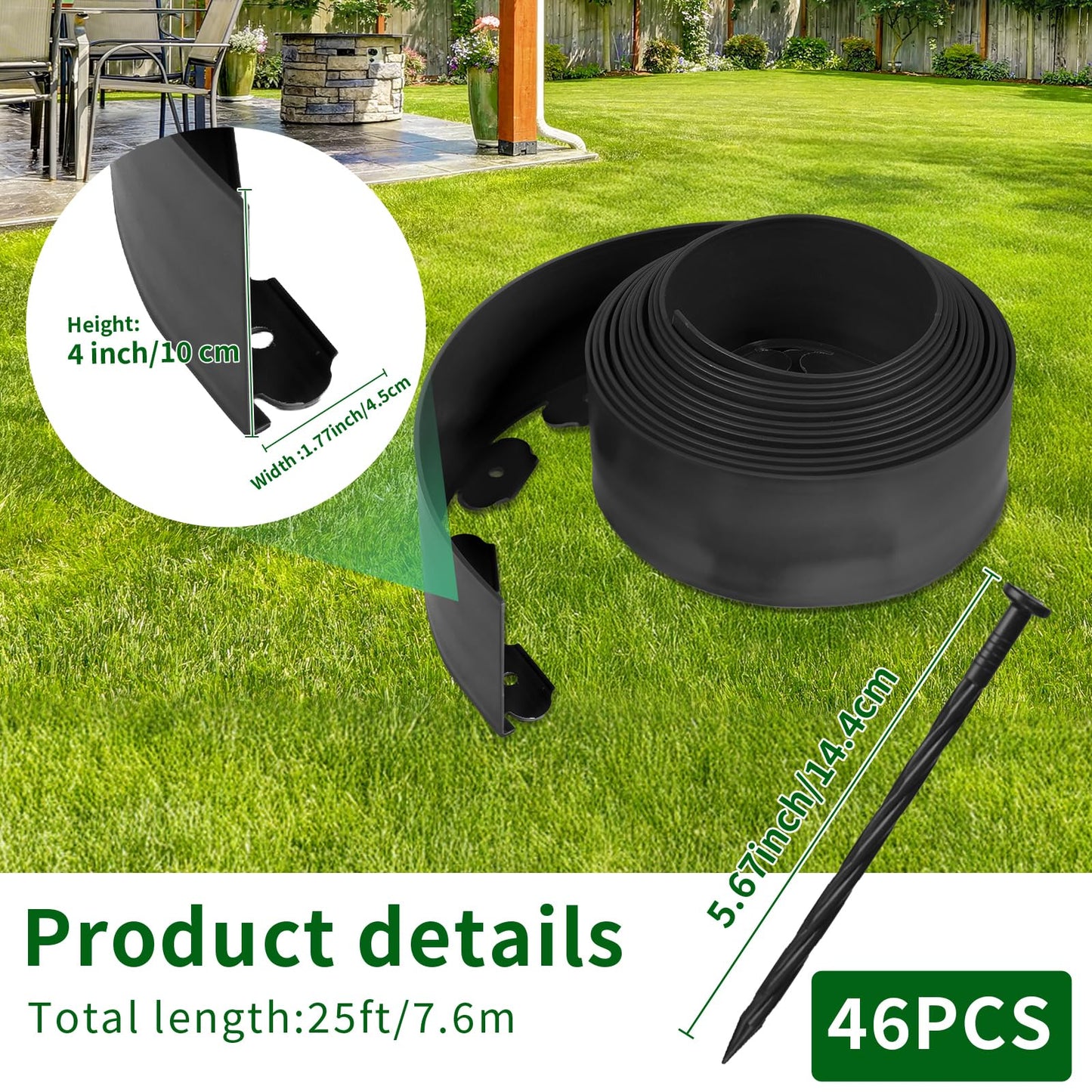 AggFencer 4 in x 25 Ft Garden Landscape Edging, No Dig Garden Edging Border Kit with 46 Pcs Spikes for Flower Bed Lawn Yard Grass Black