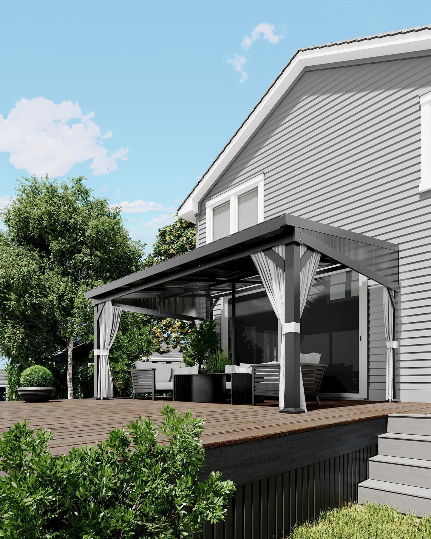 10X14 ft Wall Mounted Lean to Gazebo with Gutters System & Sliding Netting, Aluminum Frame, Connectable Wall Mounted Gazebo Pergola with Sloping Galvanized Steel Roof for Patio, Garden, Grey