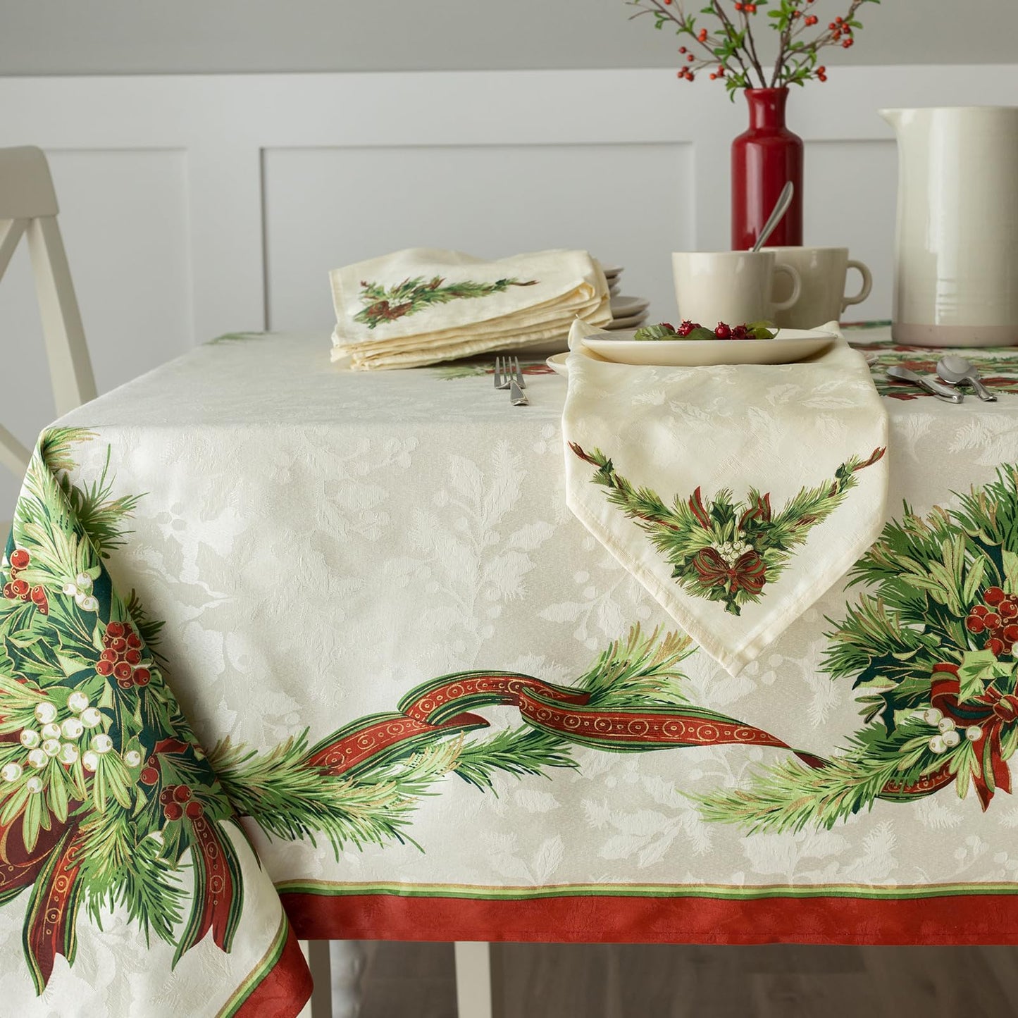 Benson Mills Christmas Ribbons Engineered Printed Fabric Table Cloth, Winter, Holiday and Christmas Tablecloth (60" X 120" Rectangular, Xmas Ribbons)