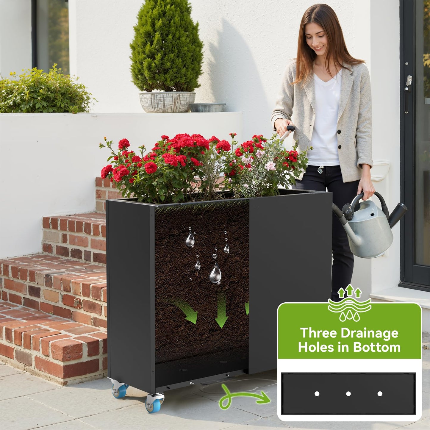 HAYOHRT Metal Flower Planter with Drainage Holes & Removable Shelf Large Rectangular Planter Black for Outdoor Indoor Patio Porch 38 x 13 x 30inch Modern Design for Plants Flowers Vegetables Fruits