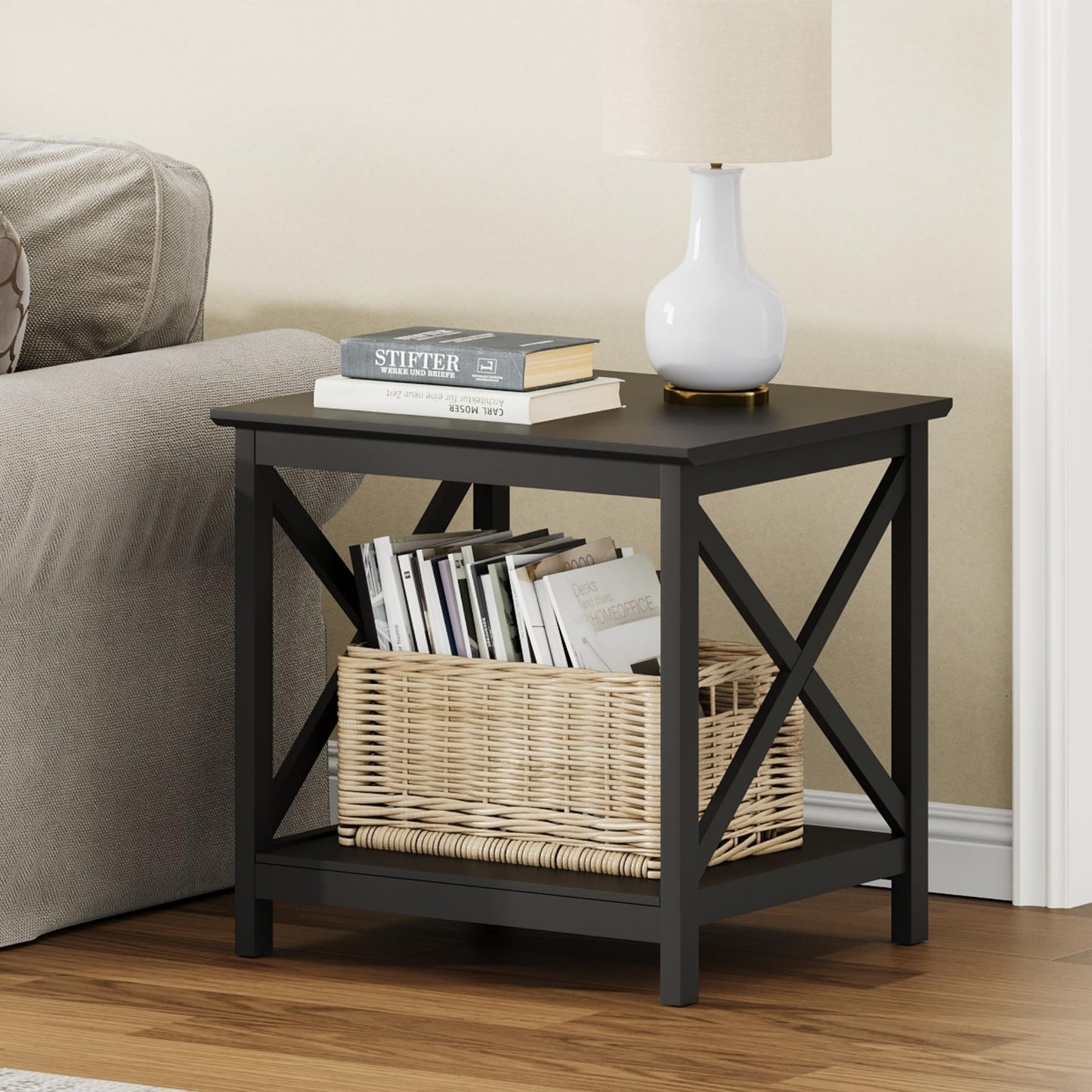 ChooChoo End Tables Set of 2, 24 Inch End Table with 2-Tier Storage Shelf, Side Table for Living Room, Wood Nightstand for Bedroom, Office, Painted Surface, Black