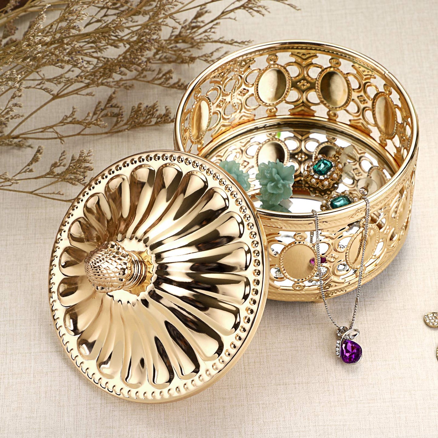 Hipiwe hollow out Metal Jewelry Box with Lid - Gold Mirrored Jewelry Trinket Organizer Ring Earrings Necklace Home Decor Storage Box, Chest Keepsake Gift Box for Women