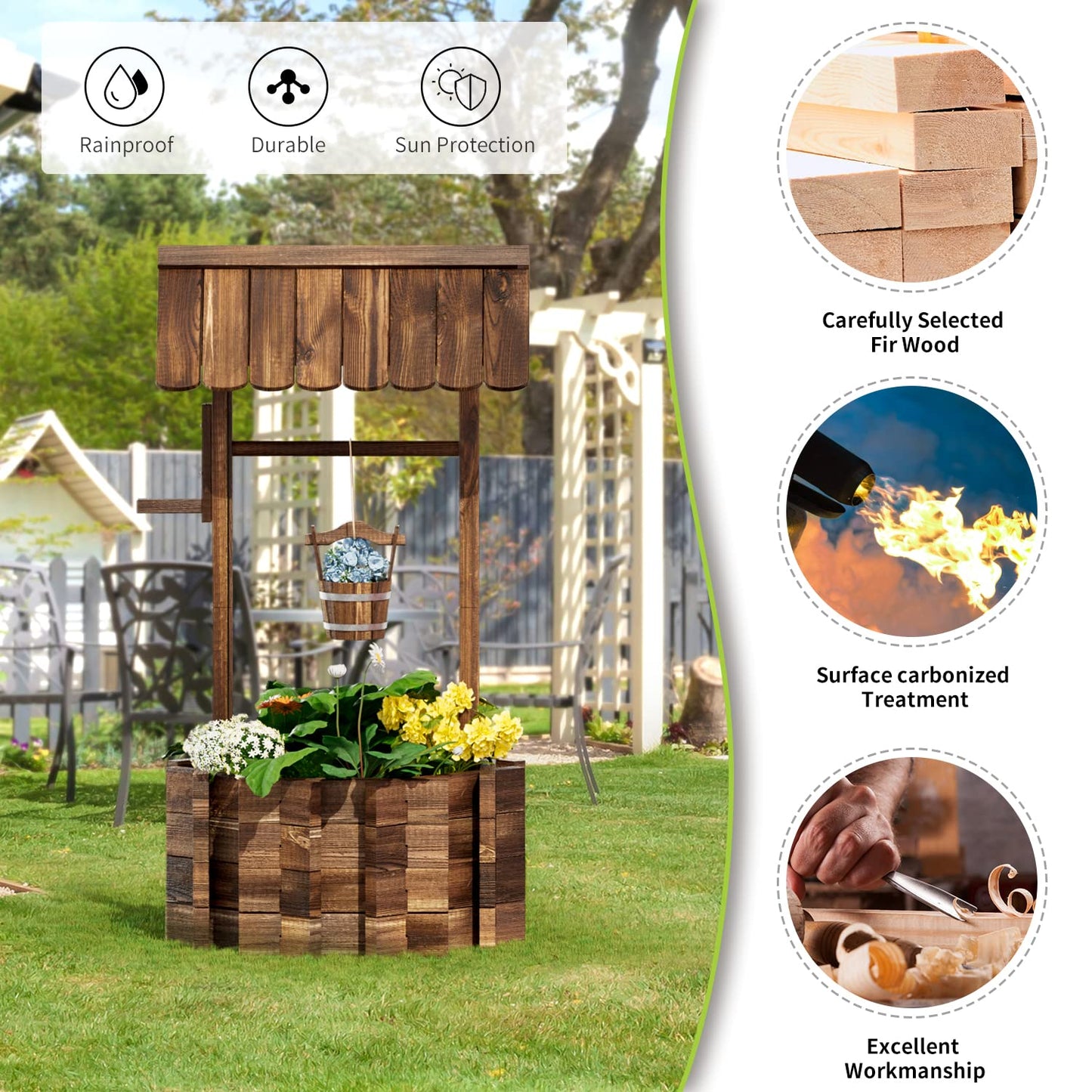 Aoxun Wooden Wishing Well Planters with Hanging Bucket, Garden Helper, Rustic Garden Decor for Outside, Yard, and Patio, Upgrade Reinforced Base, Brown