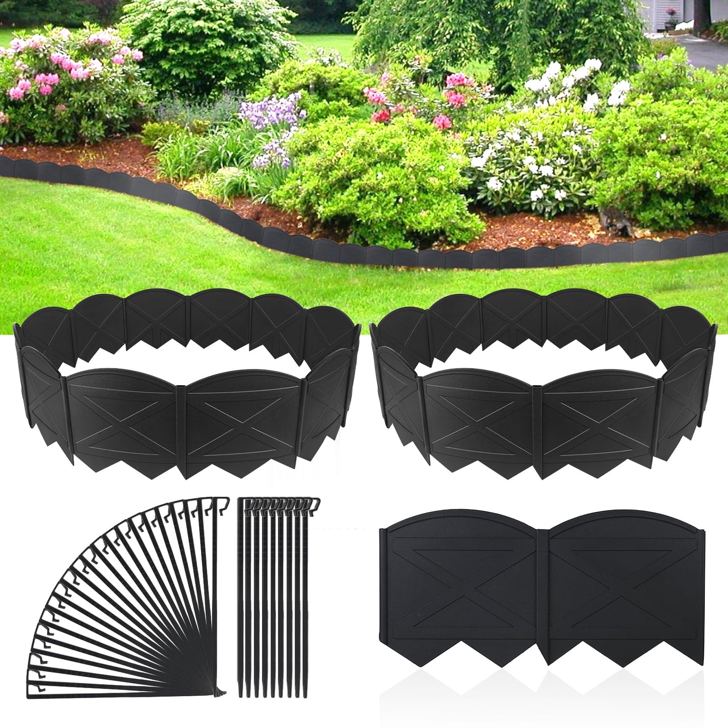 Vashly 6 inch Tall 40Ft Landscape Edging Black Garden Edging with 40Pcs Garden Stakes 7.8 Inch, 40Pcs Edging for Landscaping Plastic Garden Edging Border Flower Bed Edging Borders Lawn Edging