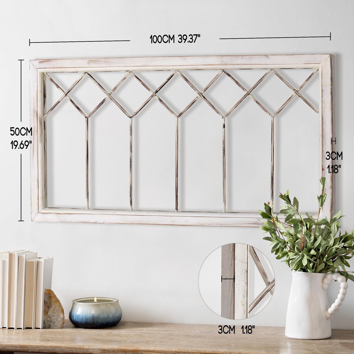 Oakrain Wood Window Frame Wall Art, 39"x 20" Rustic Wall Decor, Farmhouse Window Pane Decor for Wall, Decorative Wall Sculptures for Living Room, Bedroom, Entryway, Hallway, Distressed White
