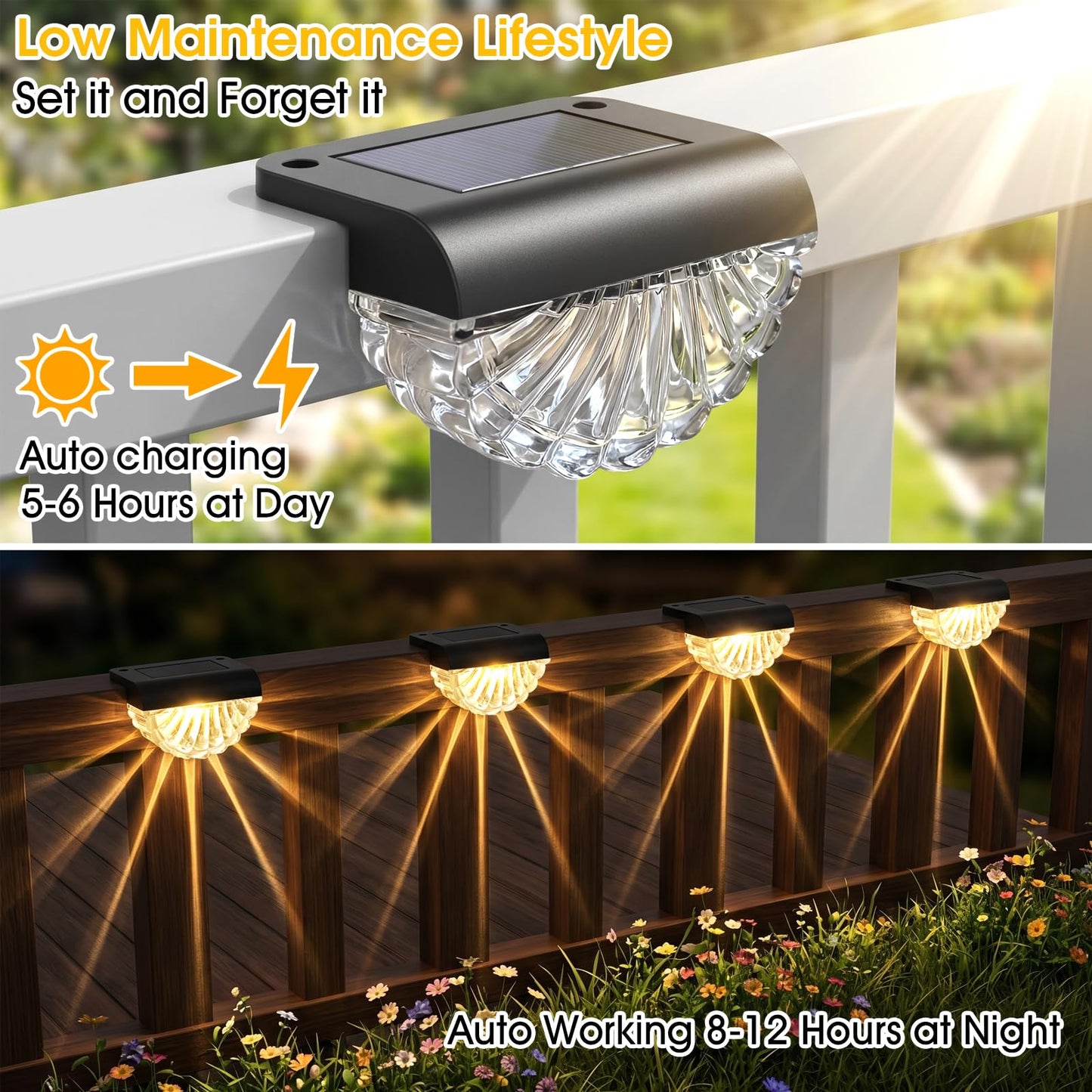 Greluna Solar Fence Lights Outdoor, 12 Pack Waterproof Deck Lights, Auto Dusk to Dawn Step Lights with Warm White Glow, Easy Install for Fence, Patio, Stairs, Pathway, Garden Lighting