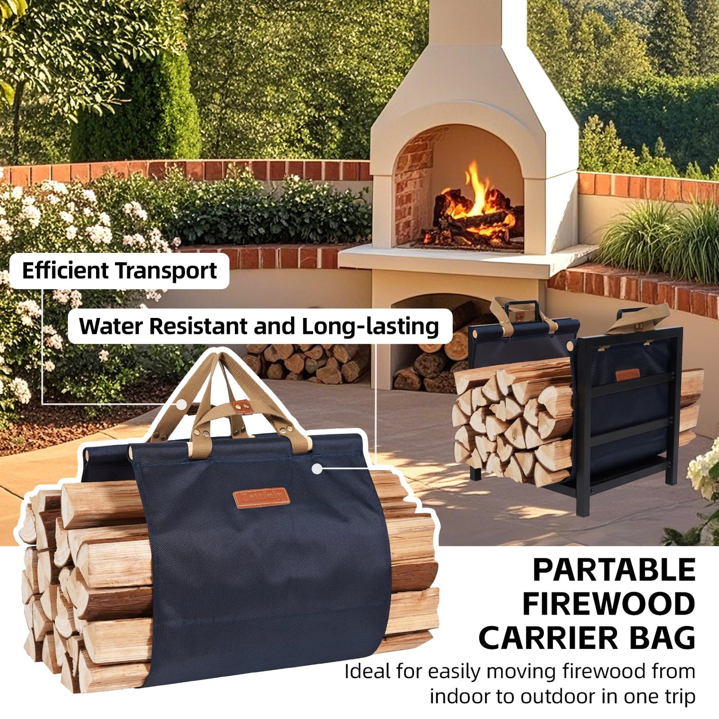 Zettfuly Firewood Rack Indoor Outdoor with Firewood Carrier, Fireplace Wood Log Holder Heavy Duty Metal, Indooor Firewood Holder for Fireplace Wood Storage, 16 inch, Navy