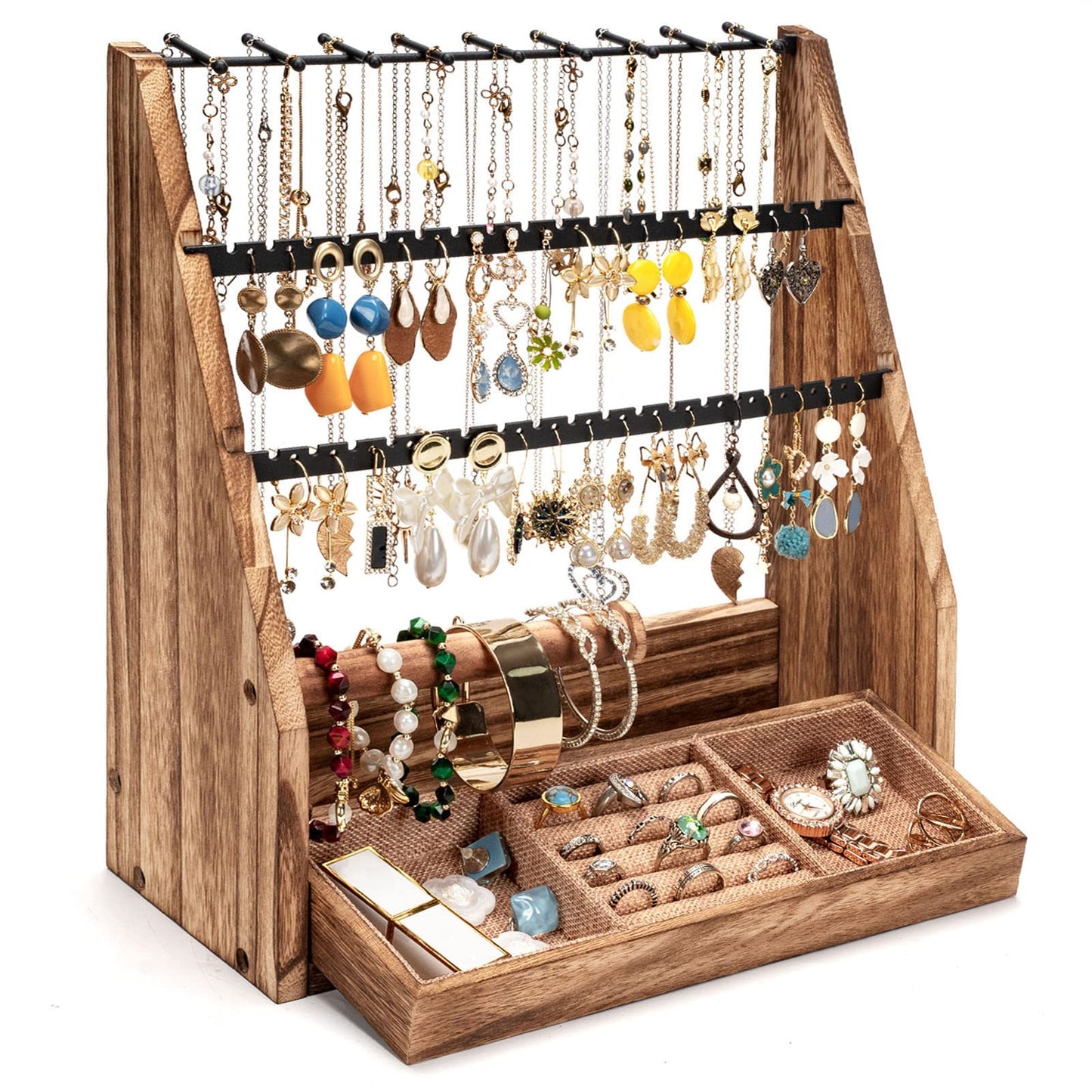 DGWJSU Jewelry Organizer Stand, 5 Layer Earring Holder Organizer with Necklace Holder, Rustic Wood Earring Organizer Display for Stud Earring Bracelet Necklace Ring, Watches