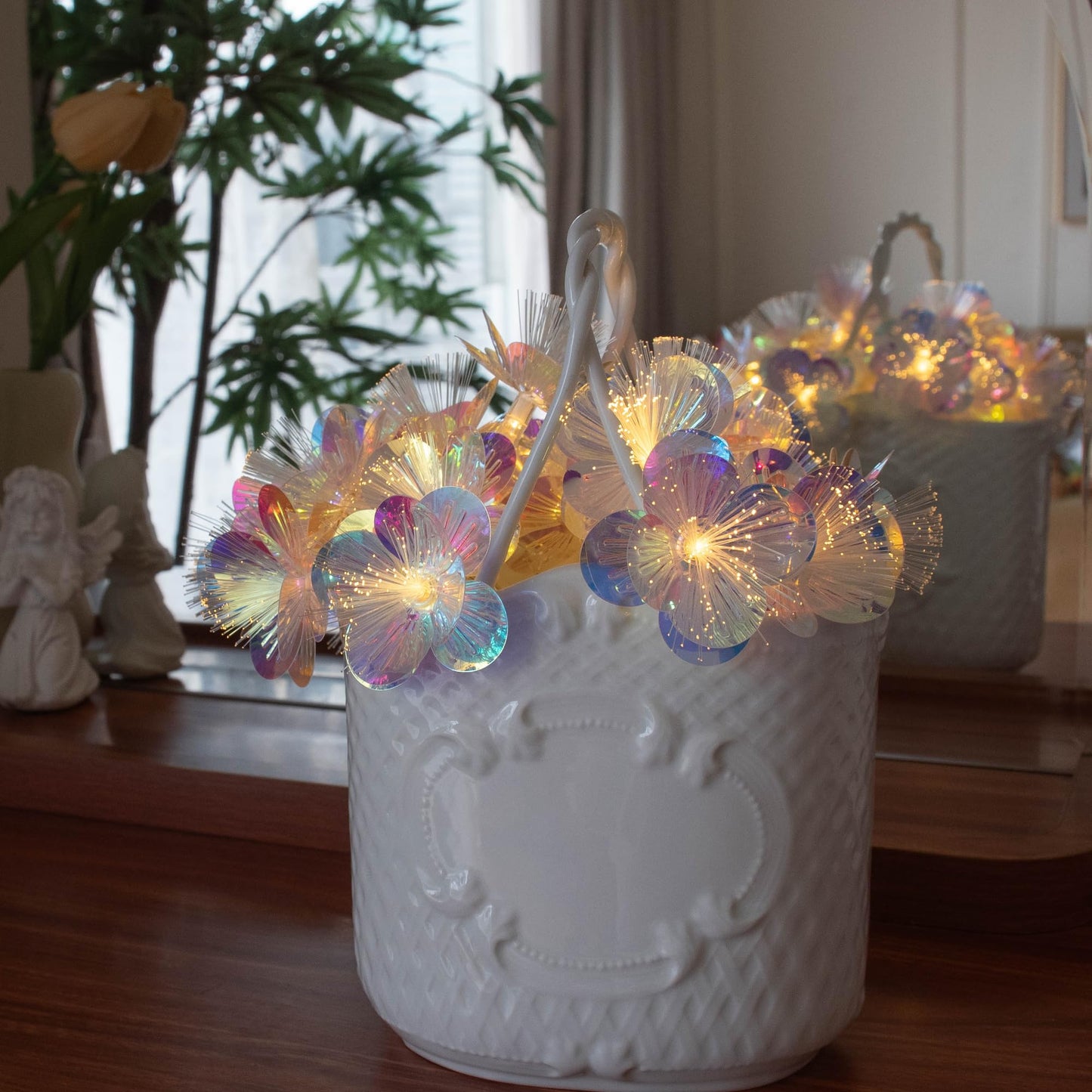 YOLIGHT Fiber Optic Flower String Lights Battery Operated with Timer, 6.5ft 10 LED Flower Garland Lights Fairy Lights for Room Table Wedding Christmas Easter Décor (Warm White)
