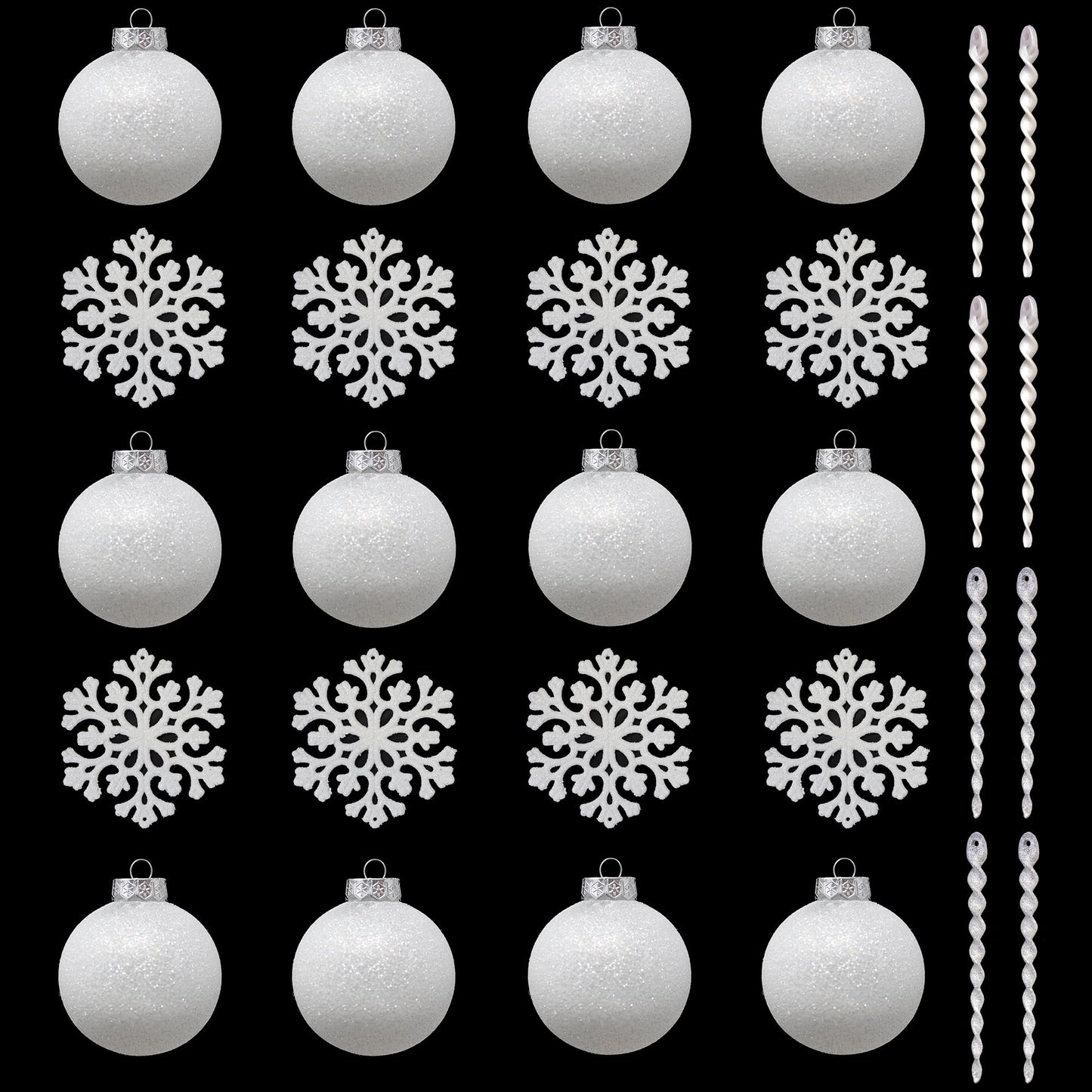 SLEETLY 28-Piece White Christmas Tree Ornaments – 12 Large 3.15” Shatterproof Glitter Snow Balls with 8 Icicles and 8 Snowflakes Set – Elegant Holiday Xmas Decorations for Farmhouse Winter Decor