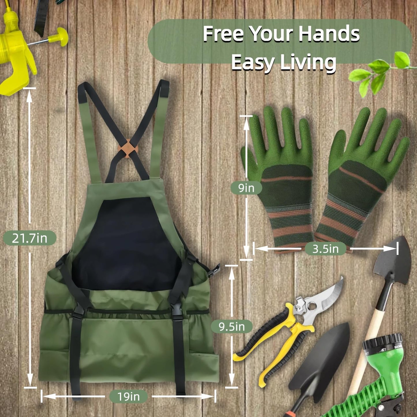 Silanit Garden Apron with Green Gloves-Adjustable Waist, Water-Repellent Gardening Apron with Pockets for Gardening and Kitchen Tasks