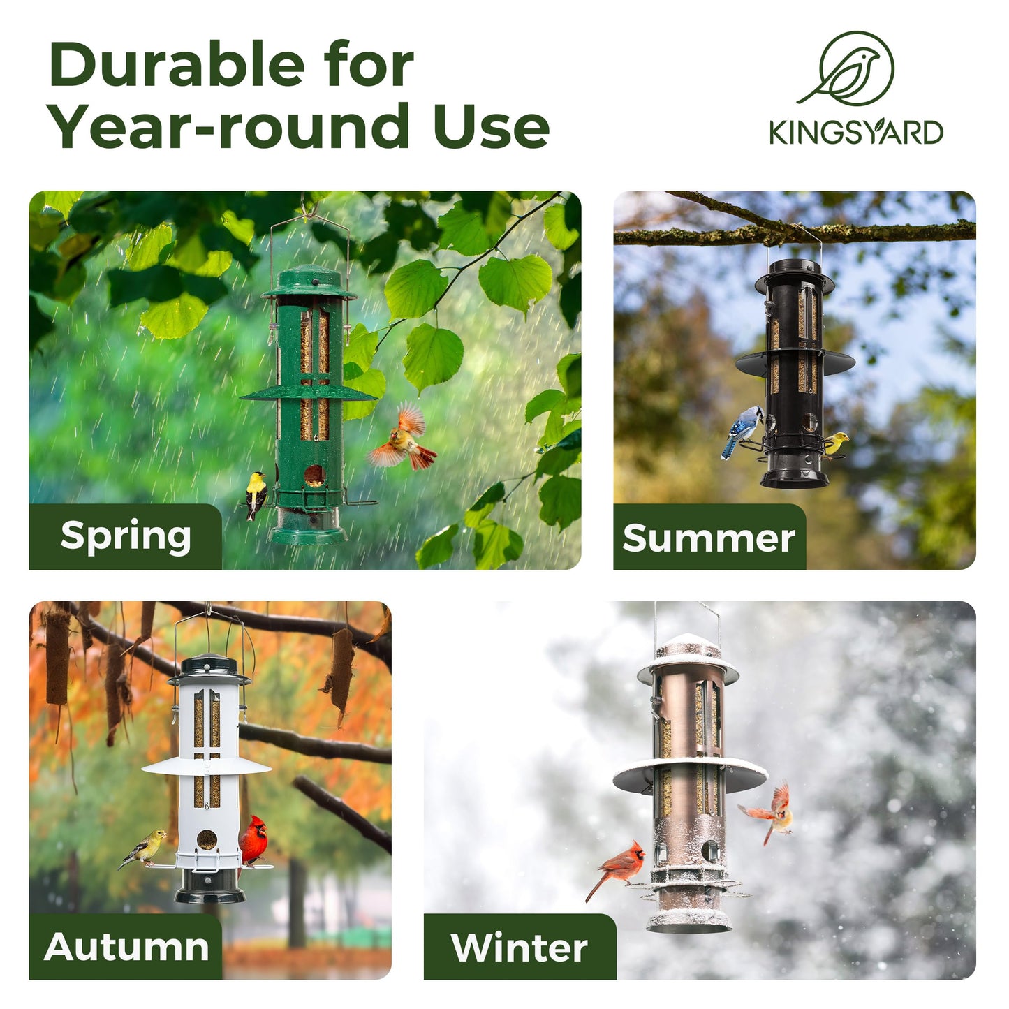 Kingsyard Squirrel Proof Bird Feeders with Weight-Activated Perches, Metal Wild Bird Feeder for Outdoors Hanging, 3 lb Large Seed Capacity, Green