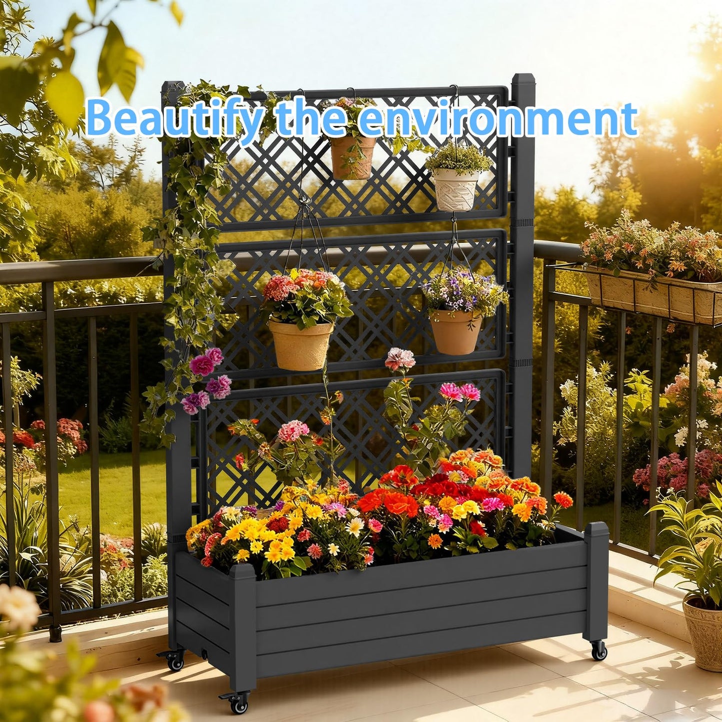 TimberAura 43" x 18" Planter Box with Trellis and Wheels, Large Raised Garden Bed with Cucumber Trellis for Climbing Plants, Outdoor Elevated Planter with Self-Watering & Drain Plug (Black)