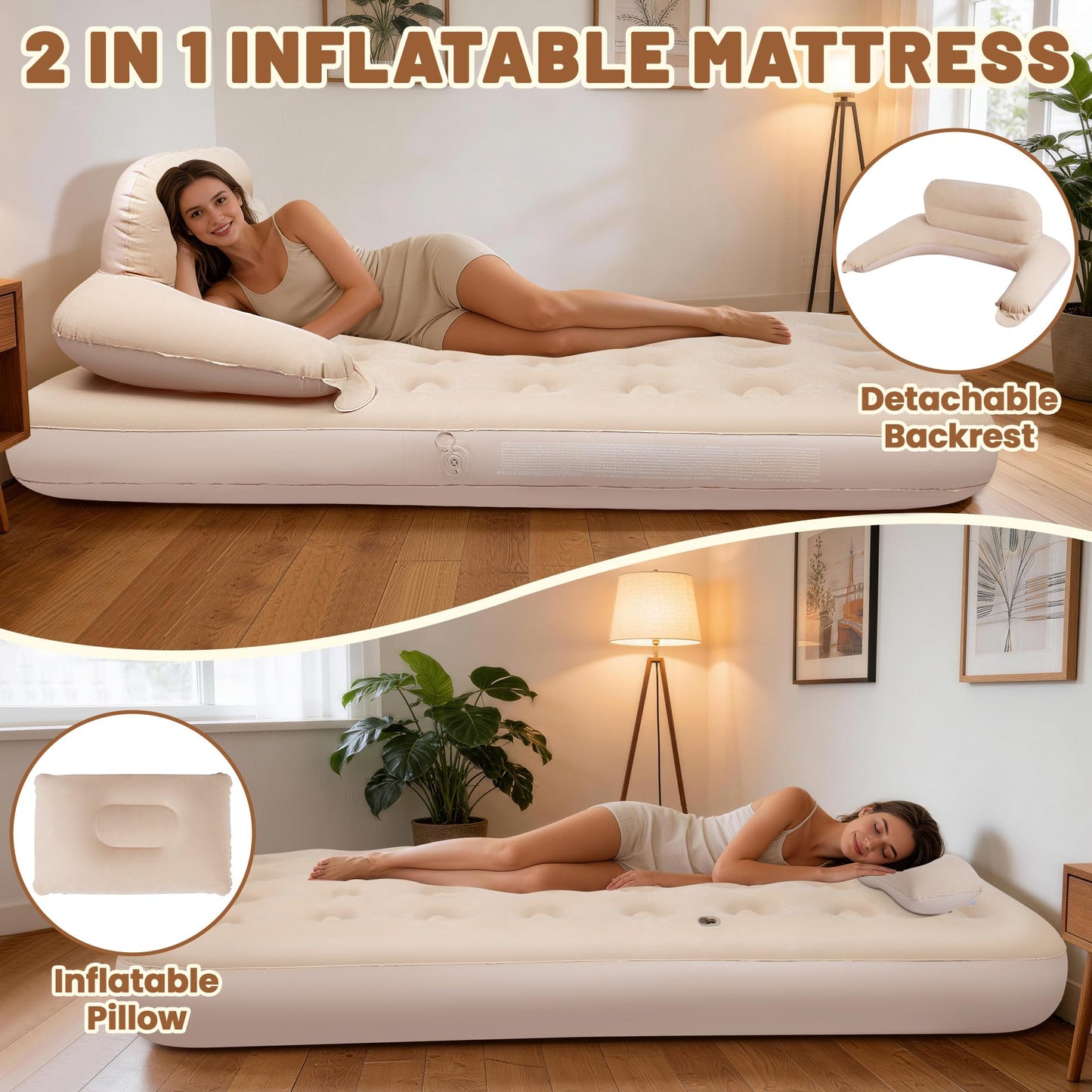 MeiLyte Inflatable Bed Twin Size, Inflatable Couch for Adults with Flocked Surface, Inflatable Air Mattress with Backrest, Comfortable Inflatable Sofa Bed, Inflatable Couch for Camping,Outdoor, Indoor