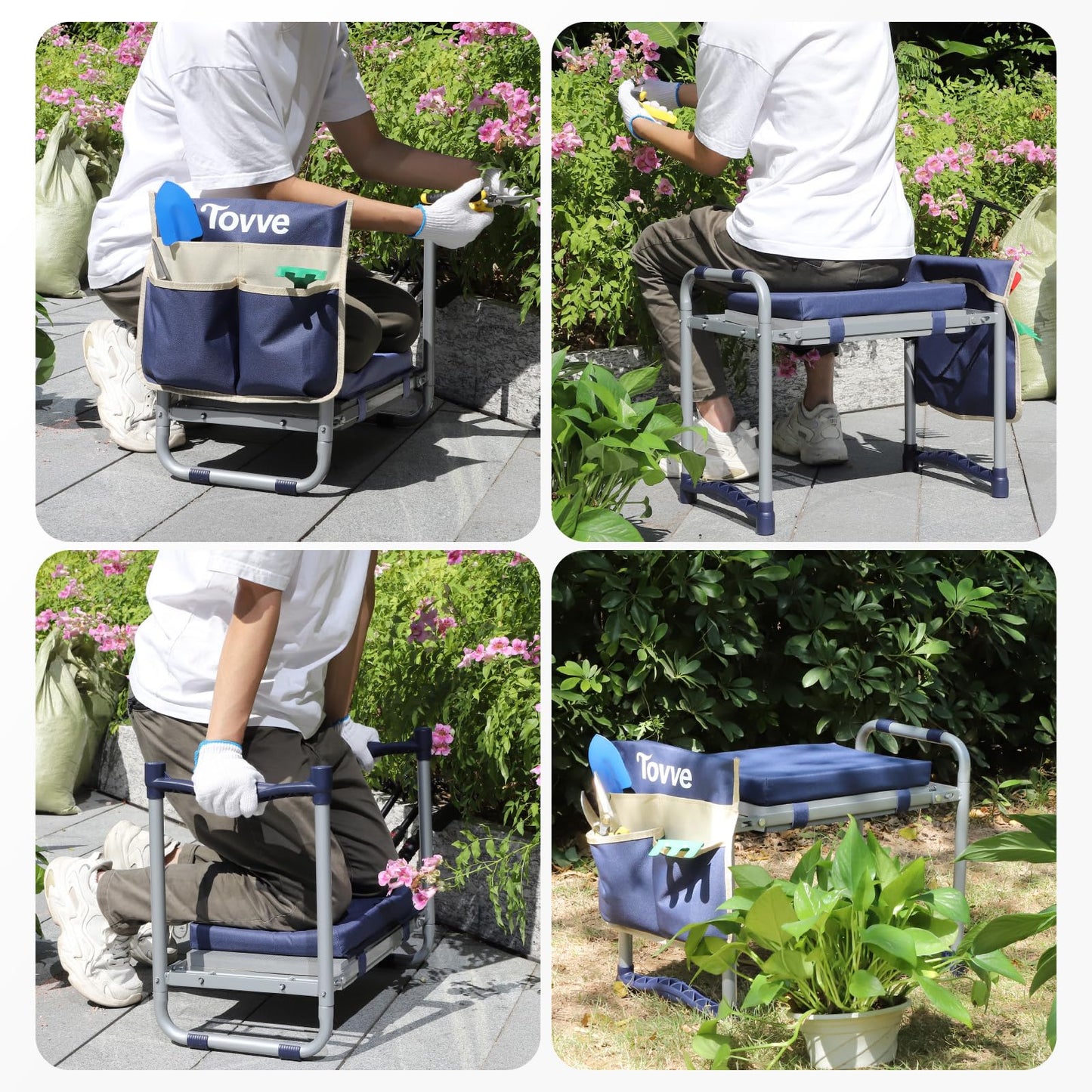 Tovve Foldable Garden Kneeler and Seat, Heavy Duty Garden Stool with 10" Wide Detachable Kneeling Pad, Portable Garden Bench Chair with Large Garden Tool Bag, Gardening Gifts for Women, Seniors, Mom