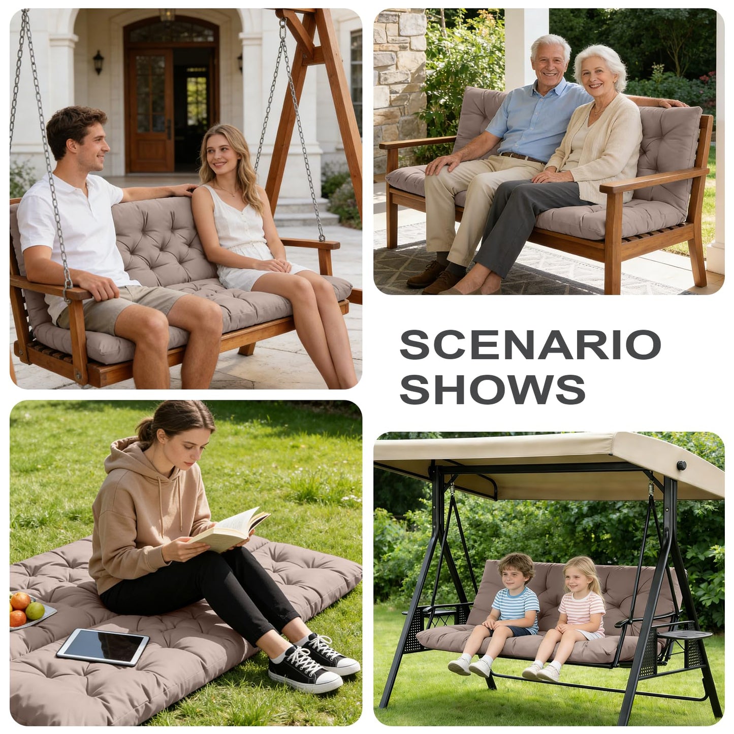 GPQAWER Outdoor Swing Cushions,Waterproof Swing Cushions 3 Seater Replacement with Backrest,Outdoor Thickened Bench Cushion with Ties for Porch,Patio,Backyard,Garden and Lawn (Khaki 60 * 40 in)