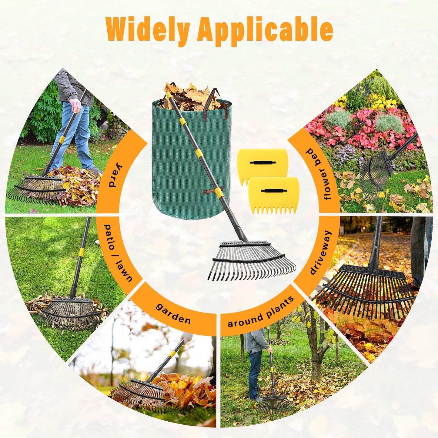Rake for Leaves - 25 Tines Heavy Duty Metal Rake Set with Leaf Scoops & Collector Bag, Adjustable Rakes for Lawns, 3-in-1 Leaf Collection Tool for Efficient Yard Pine Needle Grass Cleanup 5FT