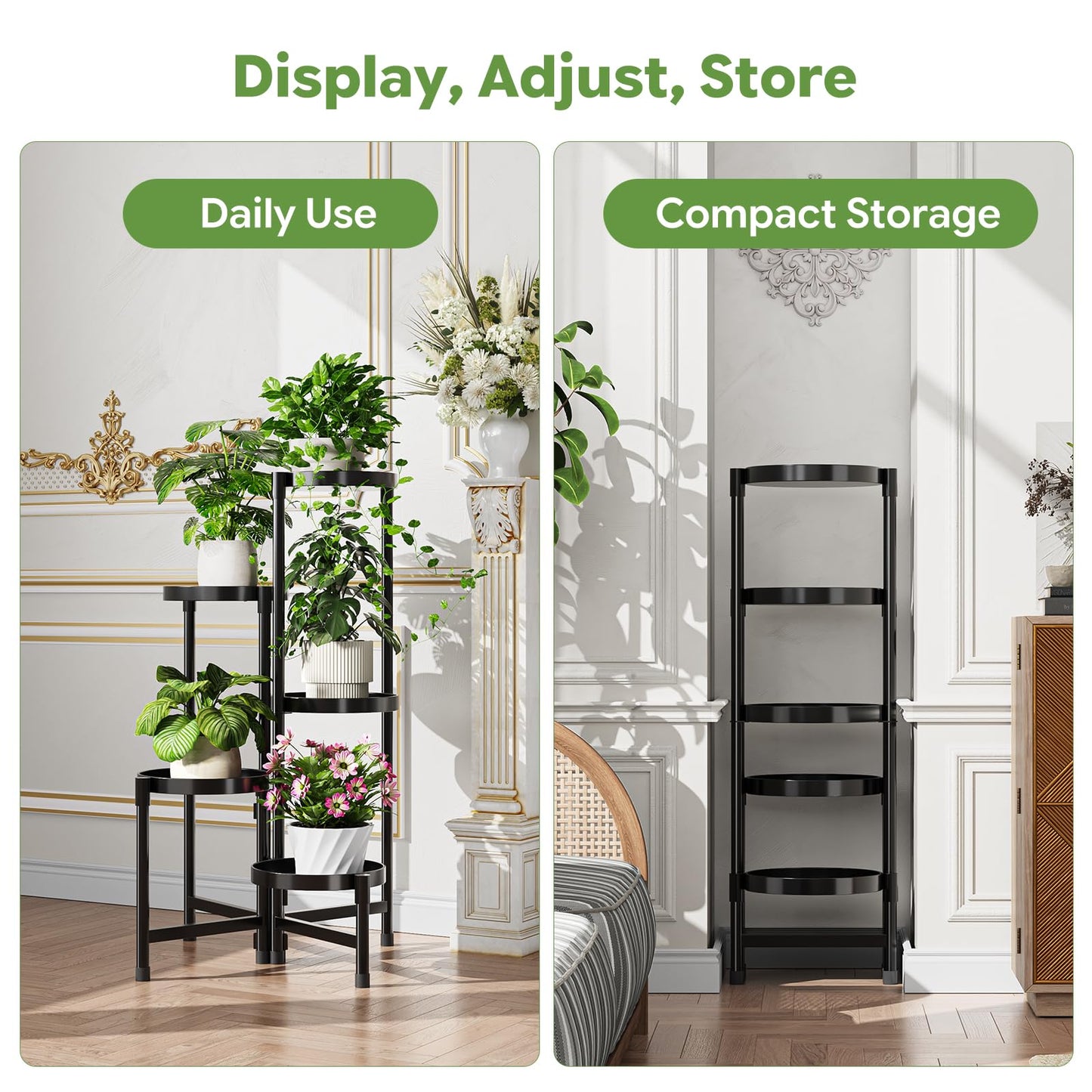 Simple Trending Plant Stand Indoor Outdoor, 5-Tiers Metal Corner Shelf, Tall Display Rack with 5 Rotating Trays, Heavy Duty Flower Holders for Patio Garden Balcony Living Room Bedroom, Black