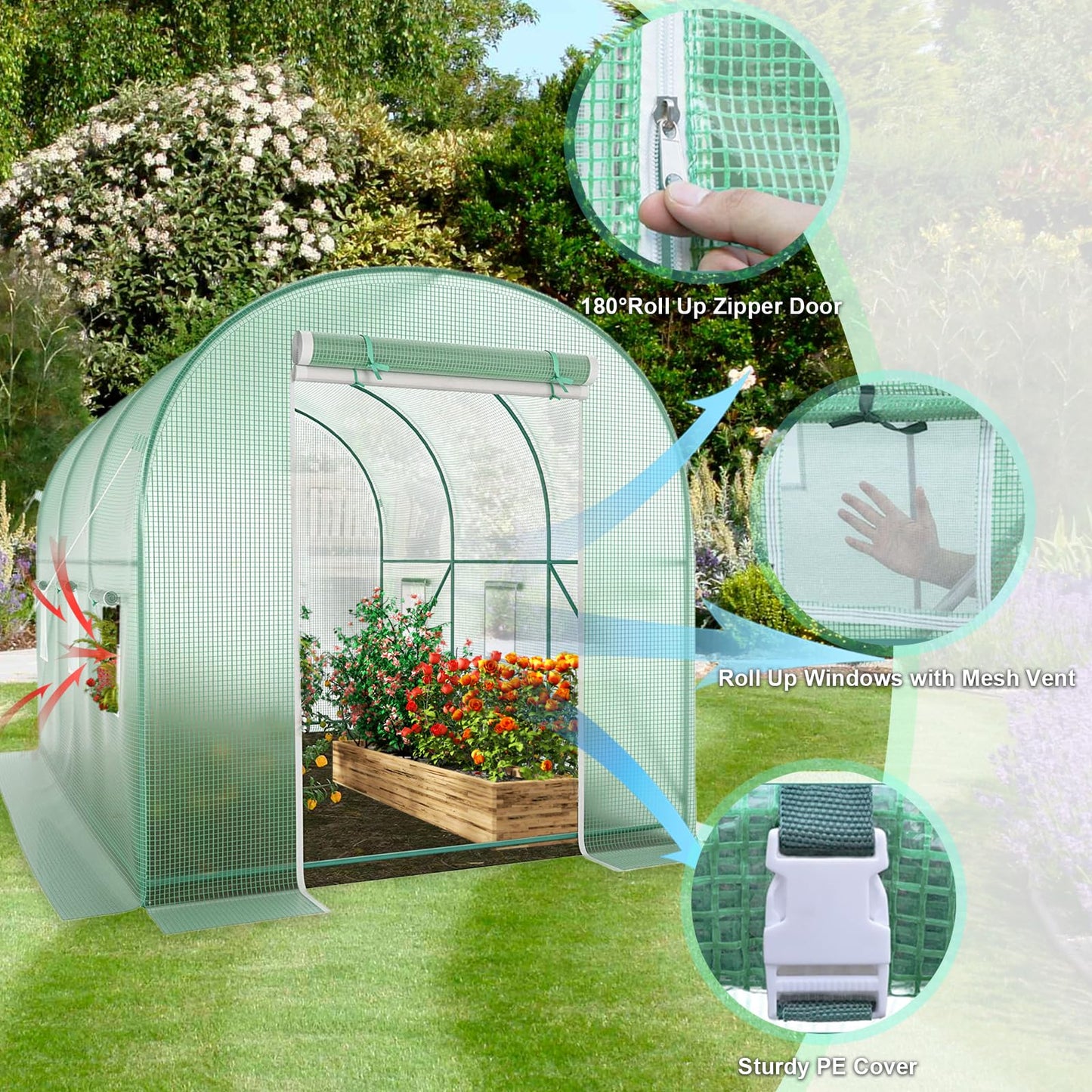 Walk-in Greenhouse, 10x7x7 FT Heavy Duty Tunnel Green House for Outdoors, Portable Green Houses for Outside, Winter Hot House with Metal Frame & Roll-up Zipper Door Screen Windows