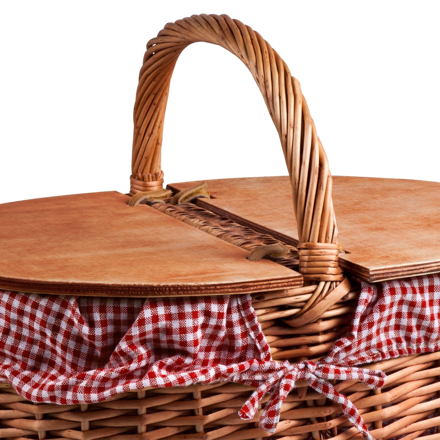 PICNIC TIME Country Picnic Basket, Sturdy Woven Wicker Basket with Customizable Split-lid Design and Removable and Washable Polycotton Vintage-Style Liner, (Red & White Gingham Pattern)