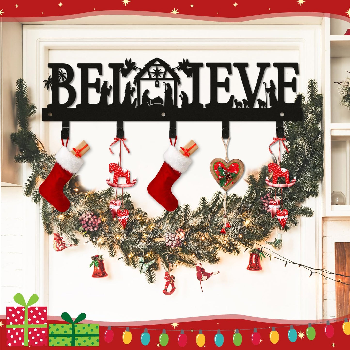 Cinnvoice Nativity Christmas Stocking Holder for Wall with 5 Hangers Metal Christmas Stocking Wall Hanger Mantel Rack Hanging Mount Hook for Holiday Xmas Fireplace Decoration, Black(Believe)