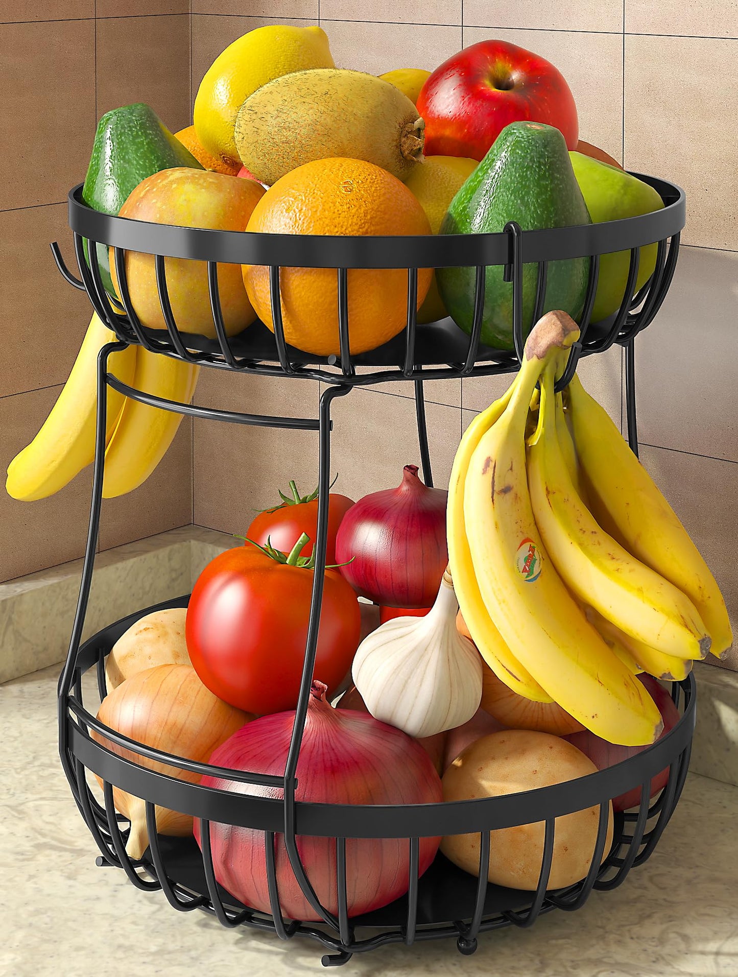 Sevenblue 2 Tier Large Fruit Basket for Kitchen Counter with 2 Banana Hangers, Metal Stackable Fruit Bowl for Kitchen Counter for Bread Vegetable Fruits, Black