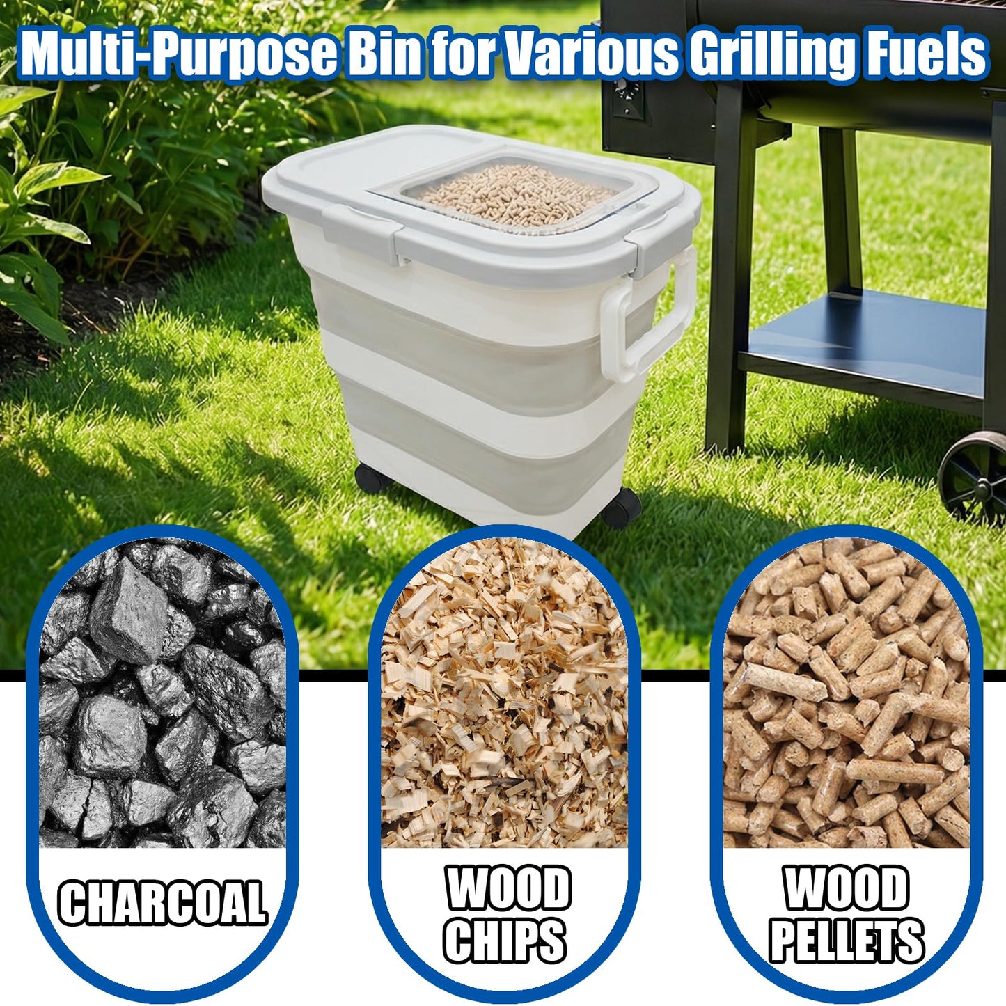 Wood Pellet Storage Containers 35lbs, Collapsible Pellet Storage Bin with Scoop and Label Stickers, Charcoal Storage with Locking Lid Clear Window, Smoker Pellet Storage Pellet Bucket Grill Accessory