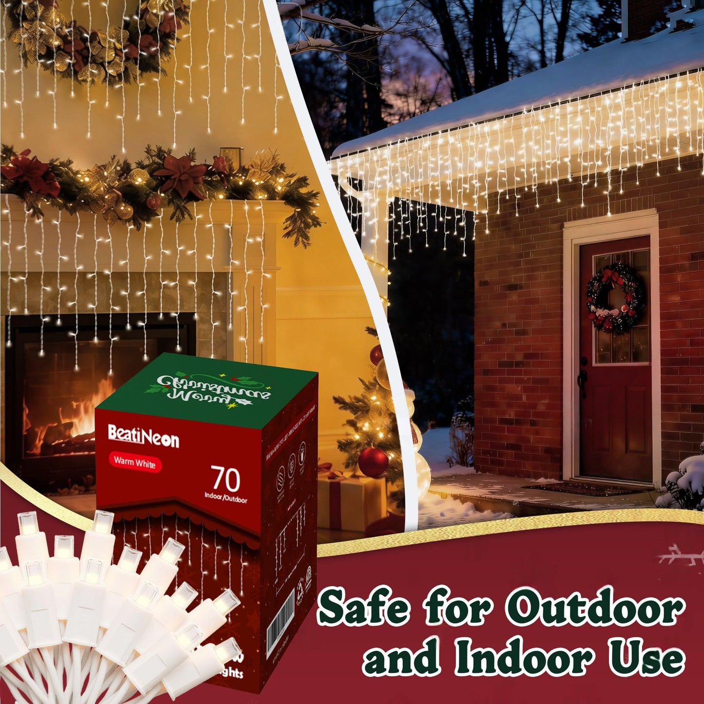 LED Christmas Lights, 100 LED Icicle Lights on 7FT with 4 Inch Spacing - 5MM Wide Angle Warm White Bulbs, IP68 Waterproof & ETL Certified for Outdoor/Indoor