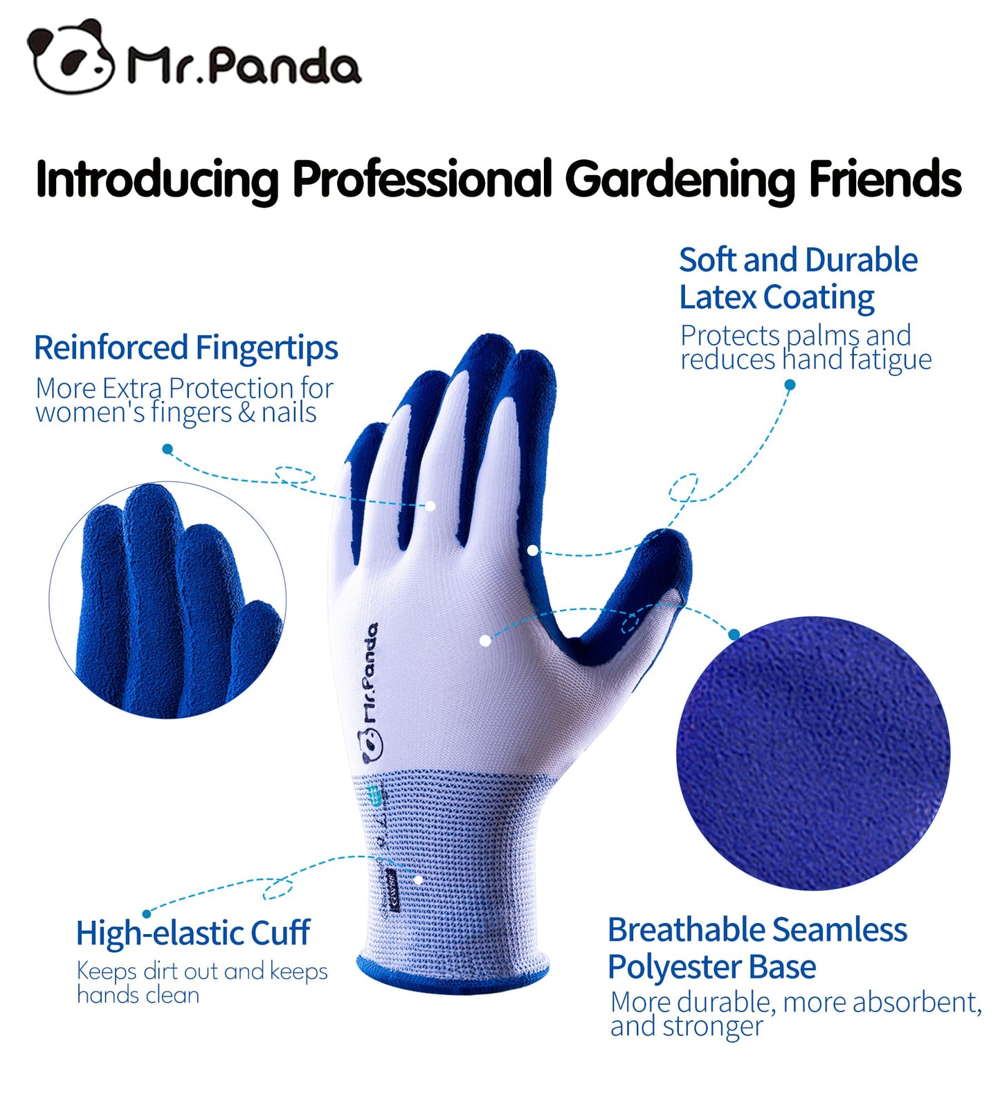 Mr.Panda 2 Pairs Skin-Friendly Gardening Gloves for Women, Latex Coated Garden Gloves, Ladies Outdoor Yard Work Gloves, Breathable, Blue & Red, Medium