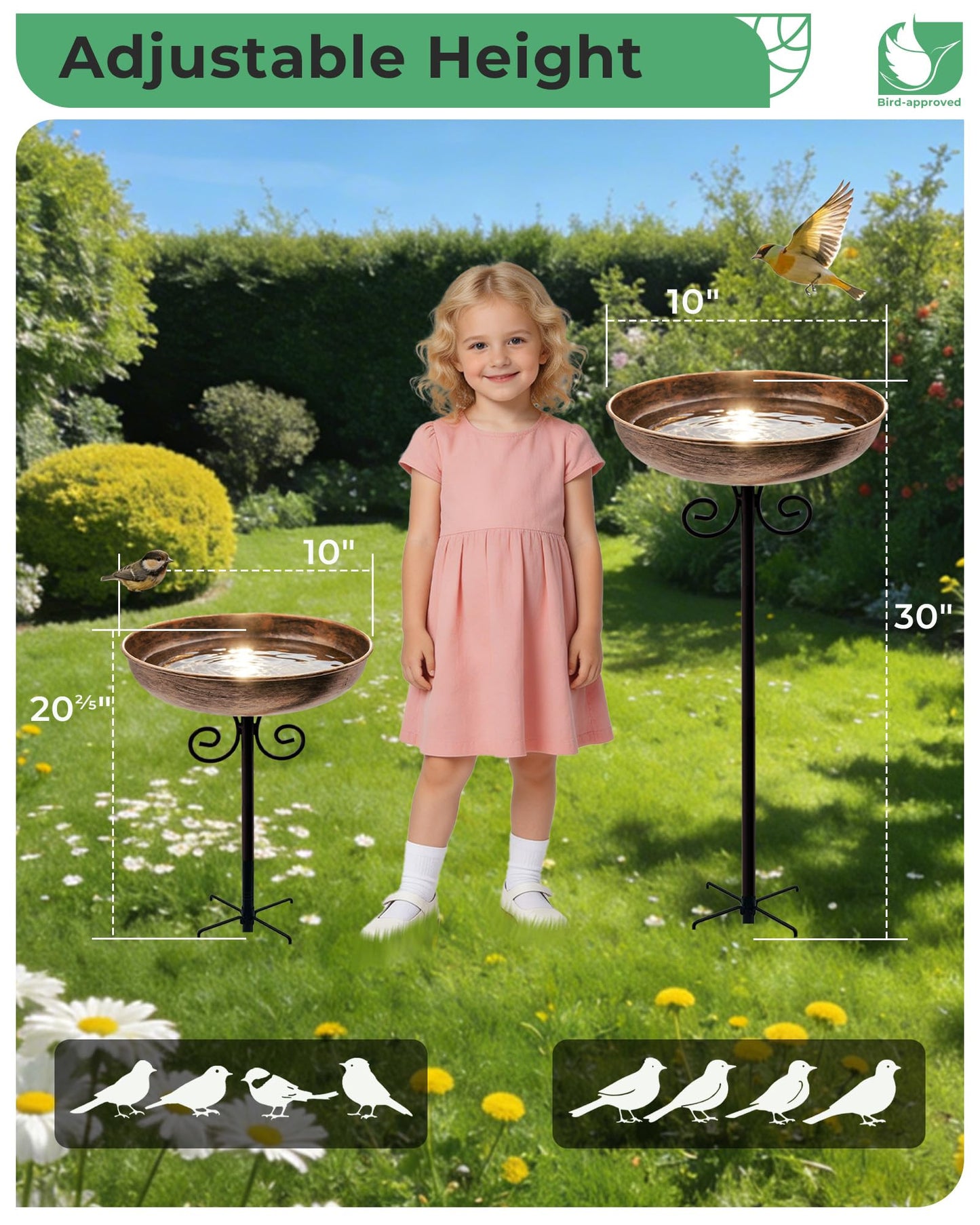 OUISJYER Small Metal Bird Bath for Outdoors, 10" Dia Bowl with Stake Birdbaths Garden Yard Lawn Decor 0.4 Gallon