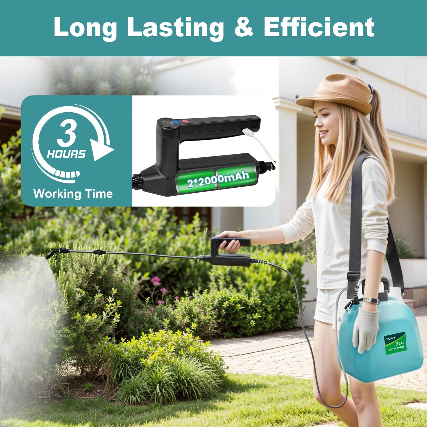 Battery Powered Sprayer 2 Gallon, 2026 Upgrade Electric Sprayer with 3 Adjustable Speed, Battery Indicator, 4 Mist Nozzles, Rechargeable Retractable Wand with Adjustable Shoulder Strap for Lawn Garden
