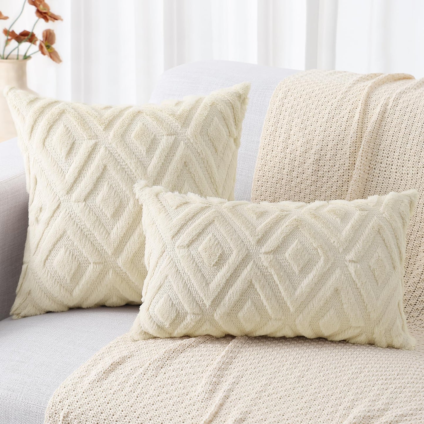 decorUhome Summer Couch Euro Sham Throw Pillow Covers 26x26 Set of 2, Decorative Soft Plush Faux Fur Wool Accent Pillow Covers for Modern Farmhouse Bed Sofa Living Room, Beige