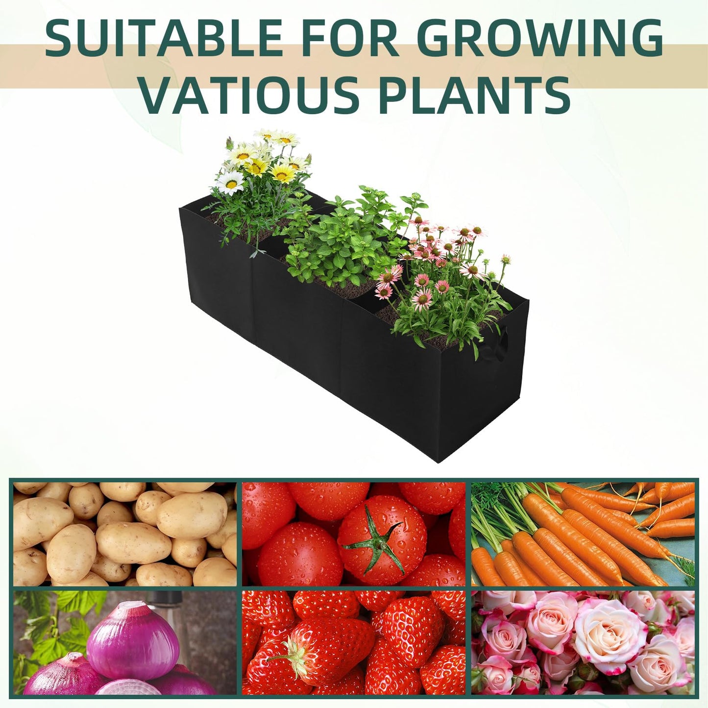 2 Pack Plant Grow Bags, 3 Divided Grids Fabric Raised Planting Bed Rectangle Raised Vegetable Planter Garden Planting Grow Pot Outdoor Planter Box for Vegetables, Flowers, Plants (Black, 120x40x40cm)