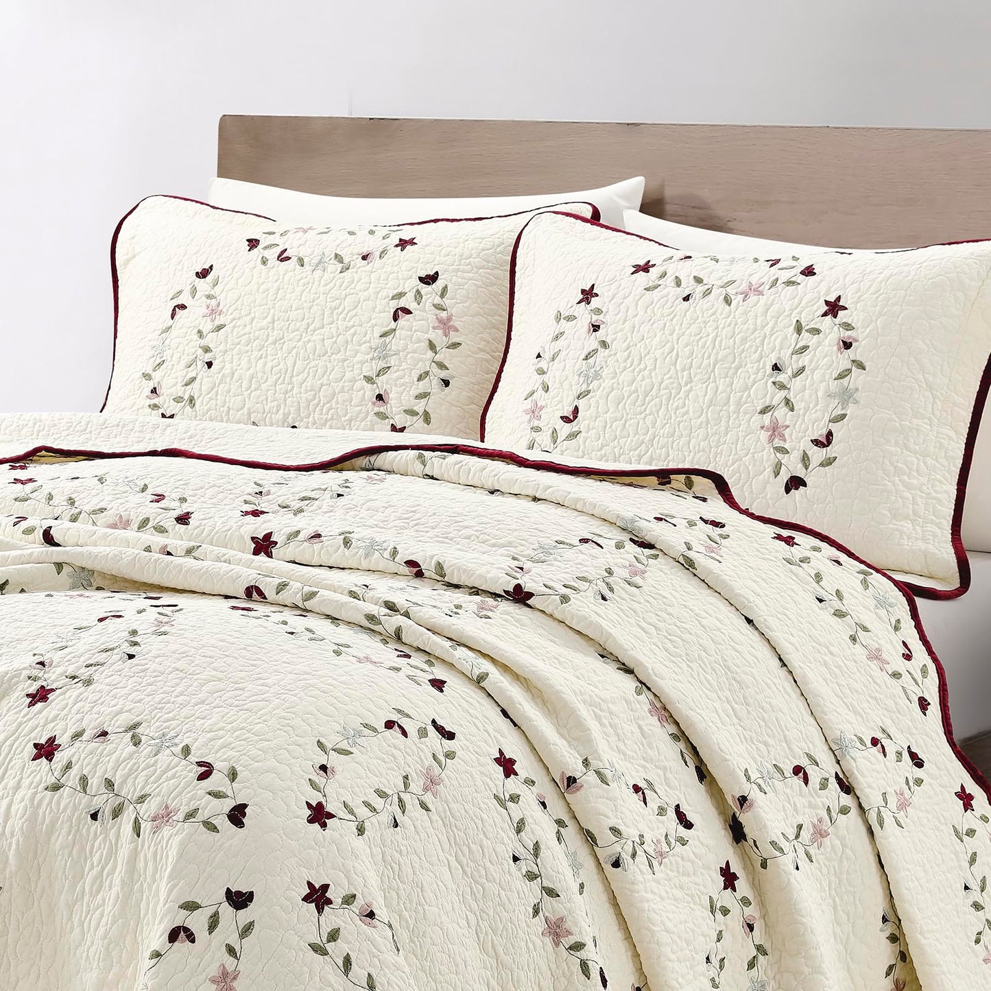 Sunshine Nicole Embroidery Quilt Set, Cotton Material and Filling, with Tranditional Embroidery Patten, 3 Pieces Queen Set, Prewashed
