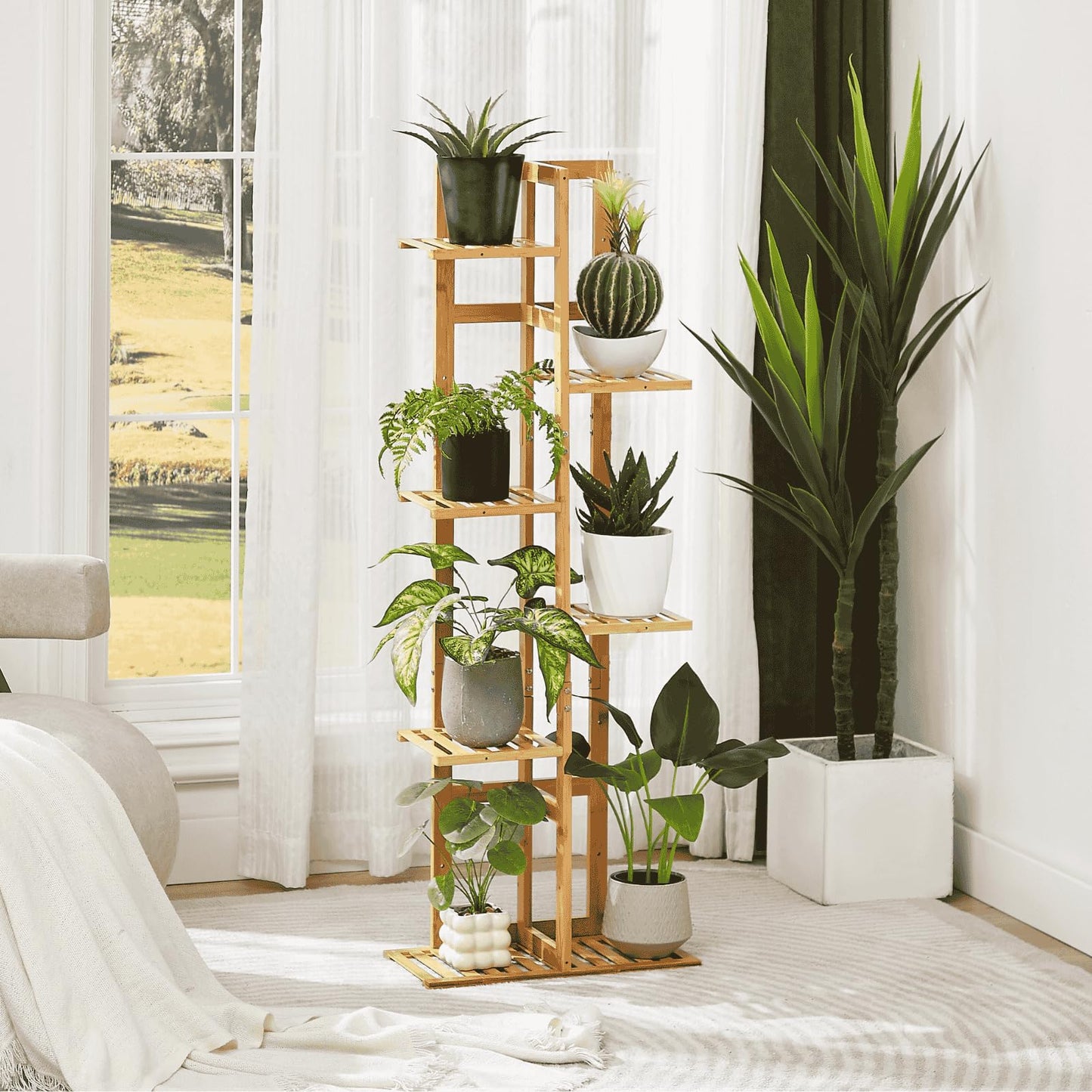 DolceLuna Plant Stand Indoor Corner, Tiered Bamboo Plant Shelf 46 Inch Tall, Plant Rack 6 Tier for Multiple Small Plants, Flower Holders for Living Room Bedroom Window Patio Balcony, Natural