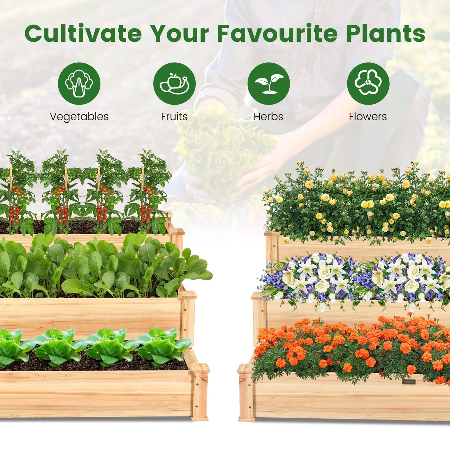 COSTWAY 3-Tier Raised Garden Bed, Wooden Elevated Planter Box for Vegetables Flowers Herbs Fruits, Outdoor Growing Planter Box Stand for Garden, Backyard, Patio, Balcony