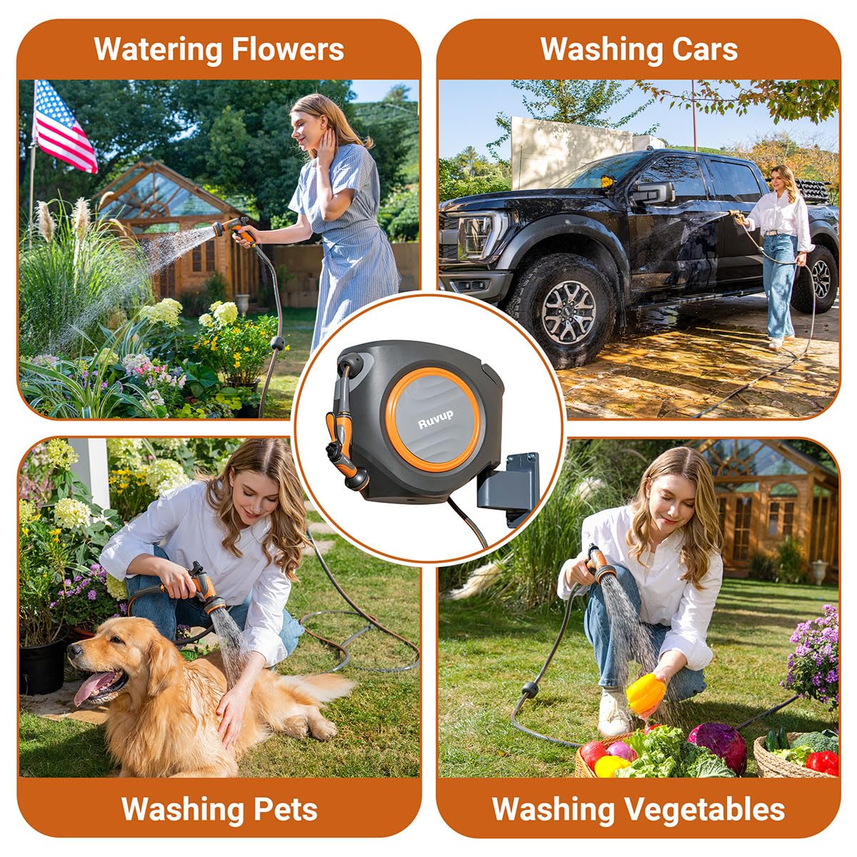Ruvup Retractable Garden Hose Reel, 5/8in x 100ft Water Hose Reel with Metal Bracket, UV Resistant Automatic Hose Reel Wall Mount for Outside, Slow Retraction Any Length Lock 10 Spray Nozzle