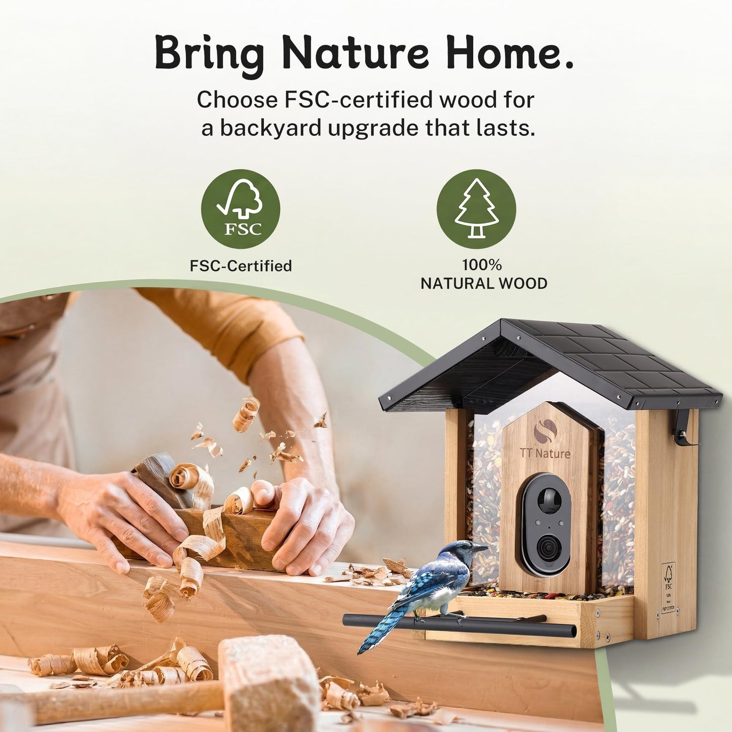 TT Nature Bird Feeder with Camera, Upgraded 1.5L Smart Birdhouse Al Identify for 10000 Plus Species, Auto Capture & Real-time Notifications, Ideal Gift for Bird Lovers (Iron Roof)